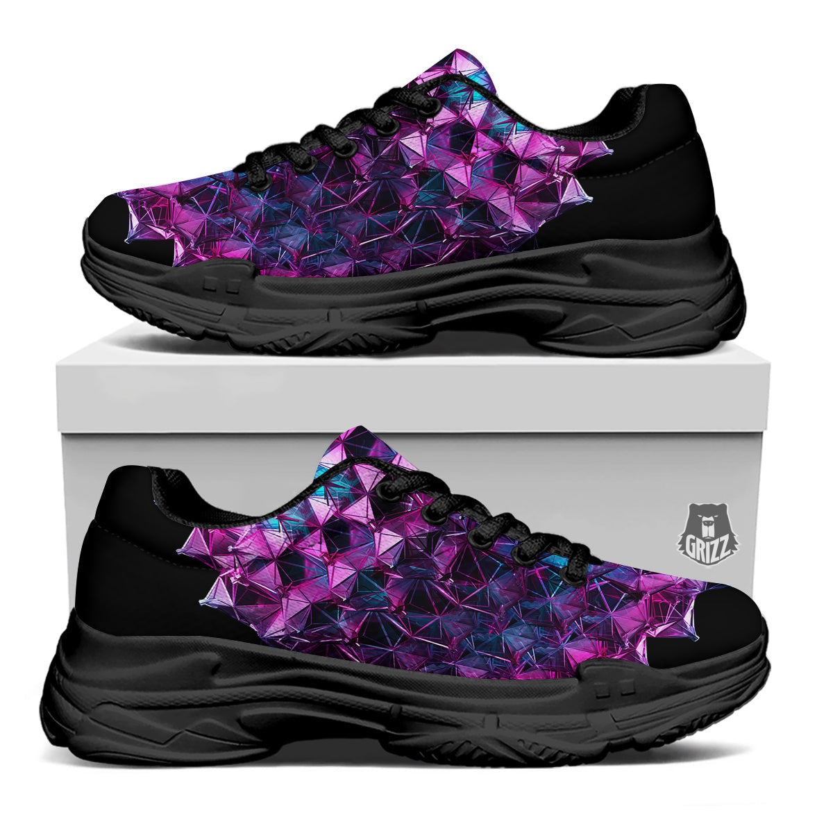 Alien Crystal Diamond Flower Print Black Chunky Shoes-grizzshop