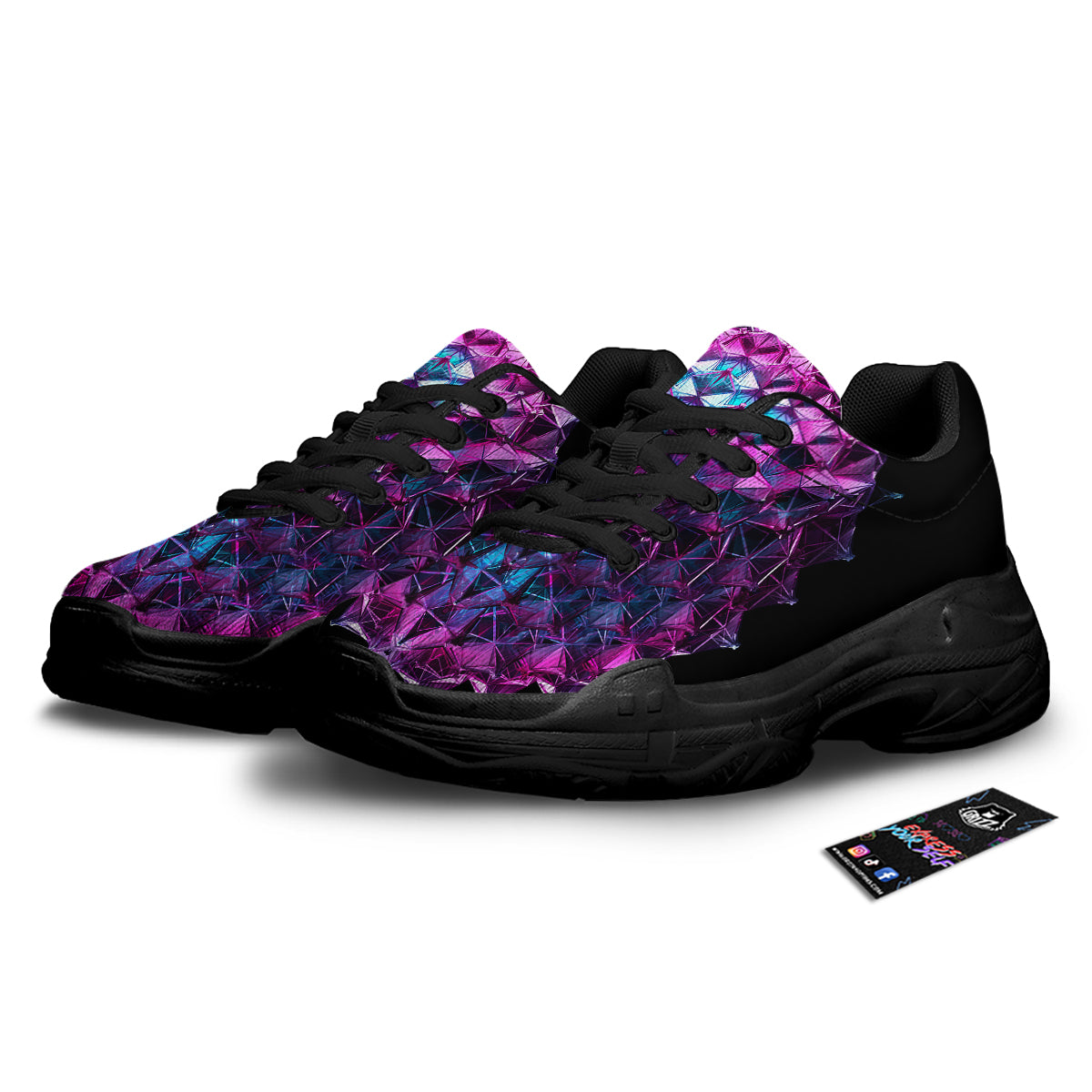 Alien Crystal Diamond Flower Print Black Chunky Shoes-grizzshop