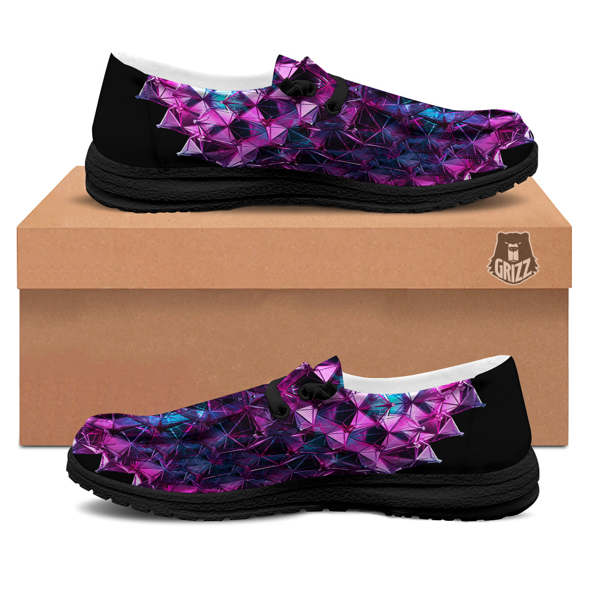 Alien Crystal Diamond Flower Print Black Loafers-grizzshop