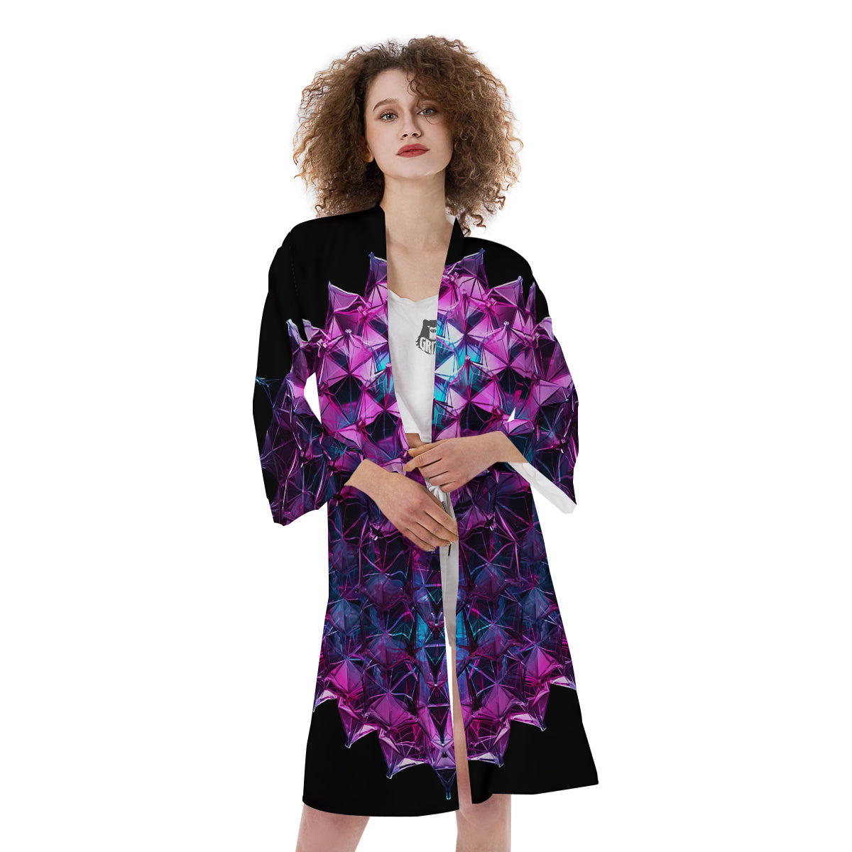 Alien Crystal Diamond Flower Print Kimono-grizzshop