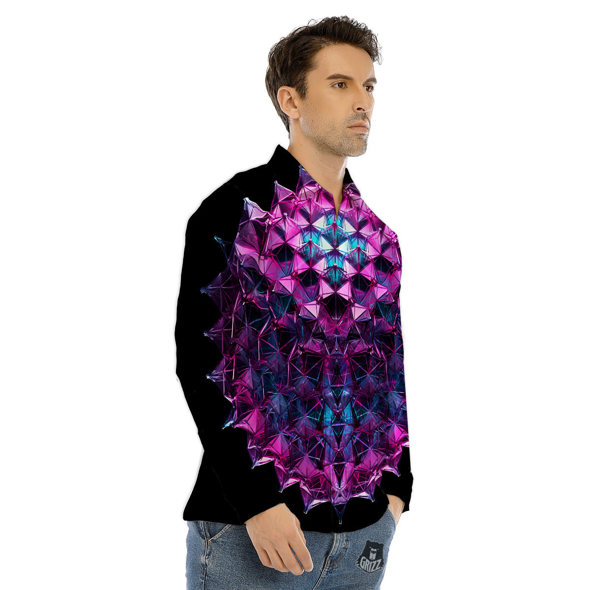 Alien Crystal Diamond Flower Print Men's Dress Shirts-grizzshop