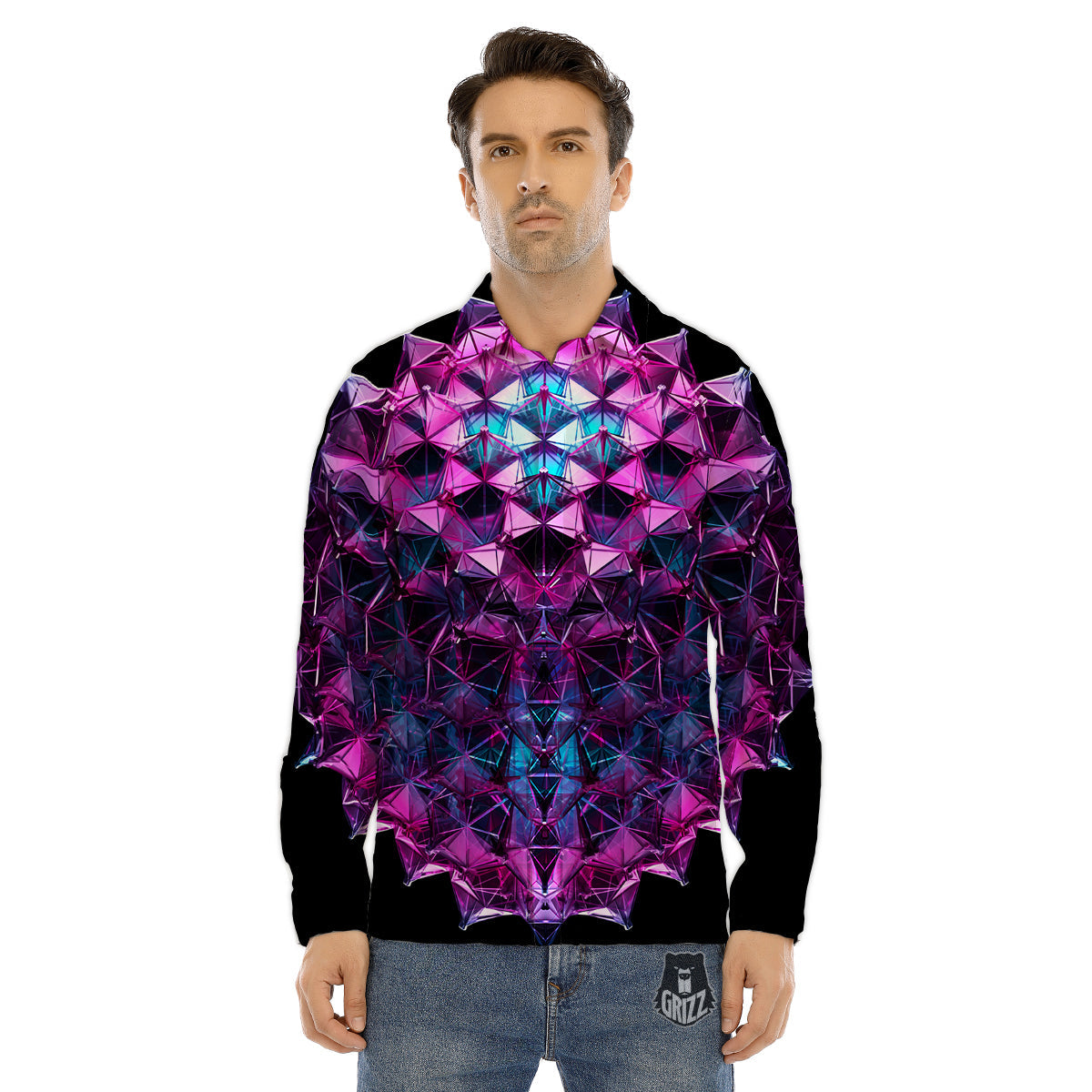 Alien Crystal Diamond Flower Print Men's Dress Shirts-grizzshop