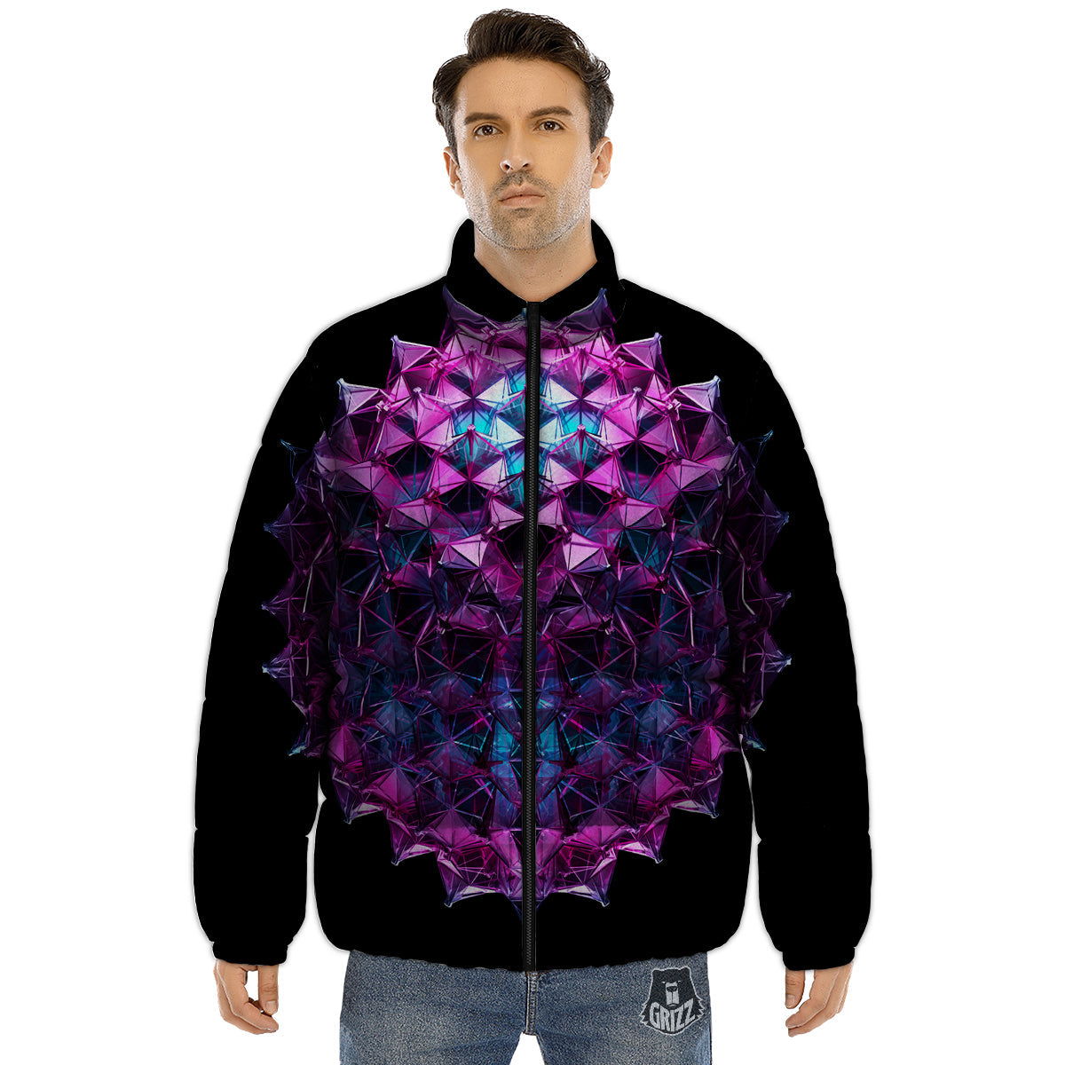 Alien Crystal Diamond Flower Print Puffer Jacket-grizzshop