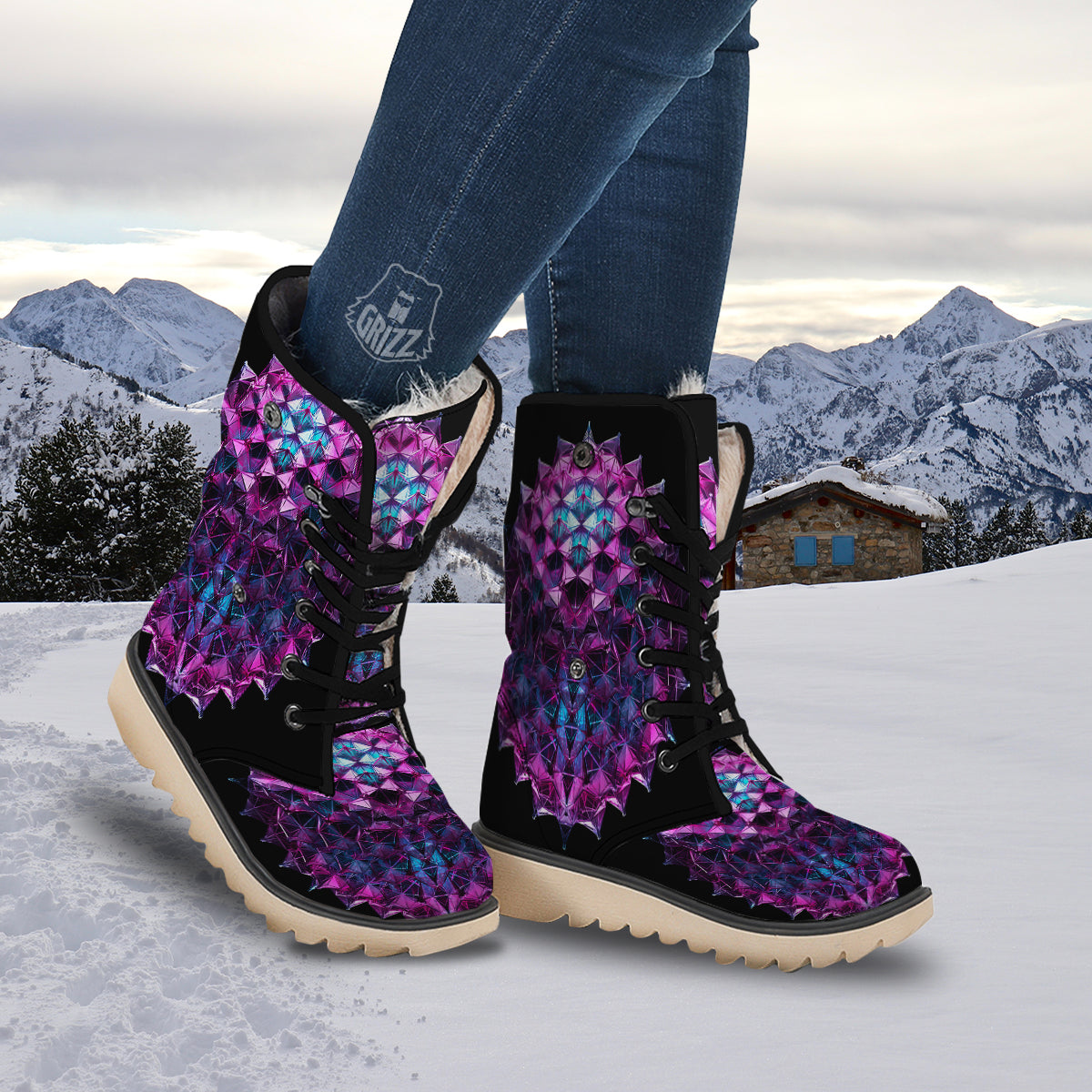 Alien Crystal Diamond Flower Print Snow Boots-grizzshop