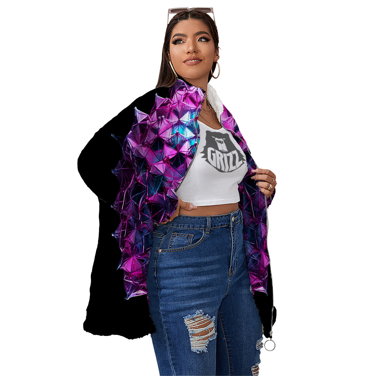 Alien Crystal Diamond Flower Print Women's Sherpa Jacket-grizzshop