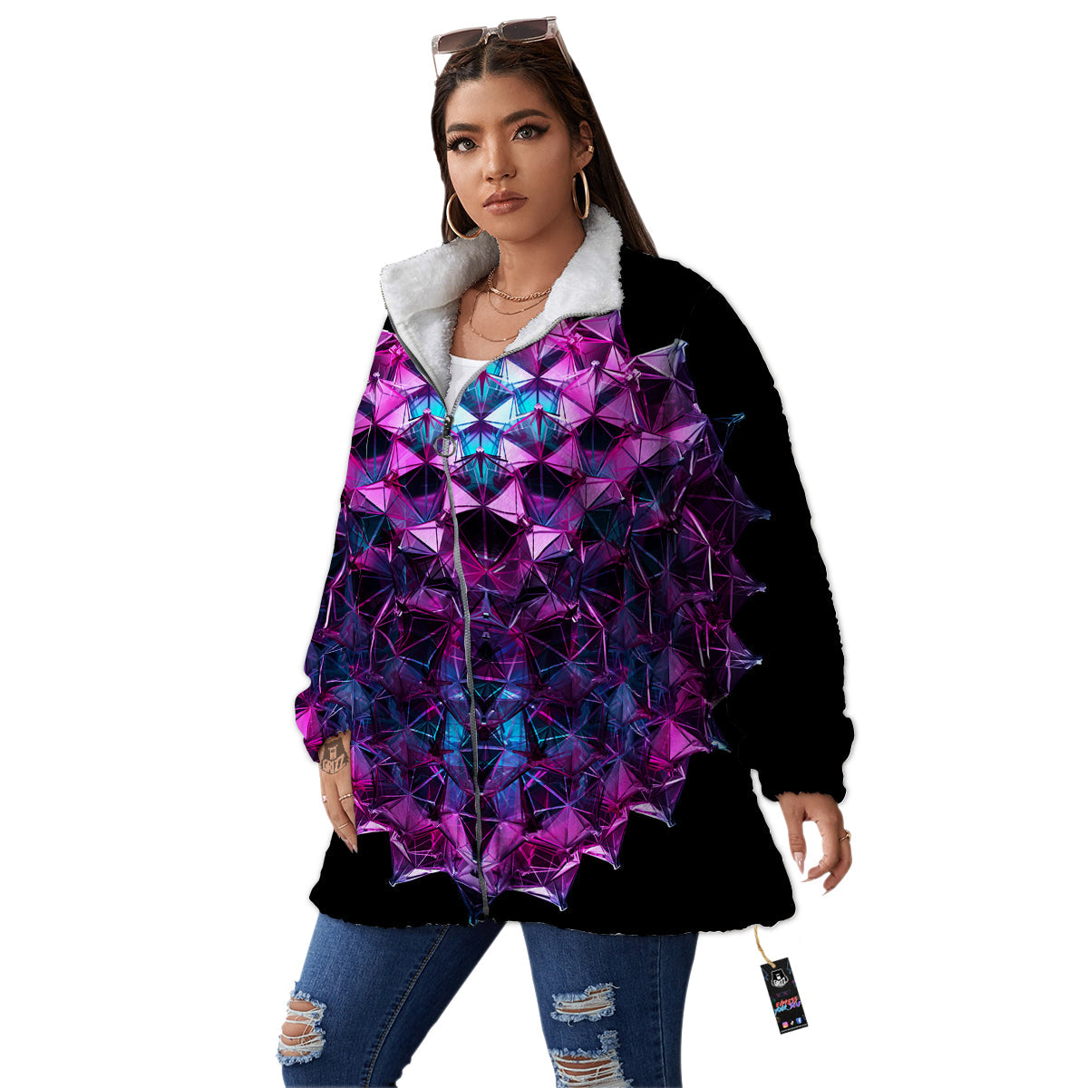 Alien Crystal Diamond Flower Print Women's Sherpa Jacket-grizzshop