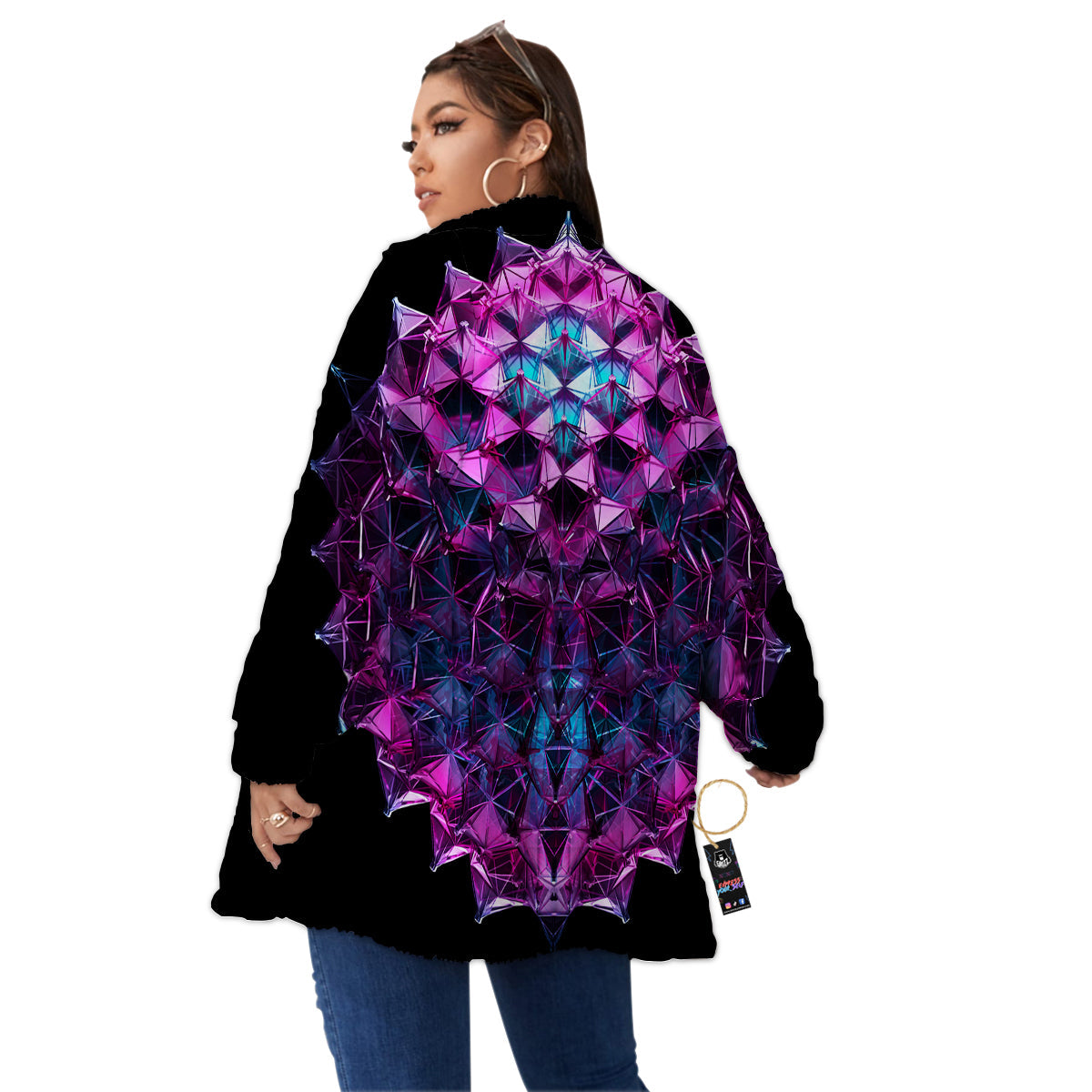 Alien Crystal Diamond Flower Print Women's Sherpa Jacket-grizzshop
