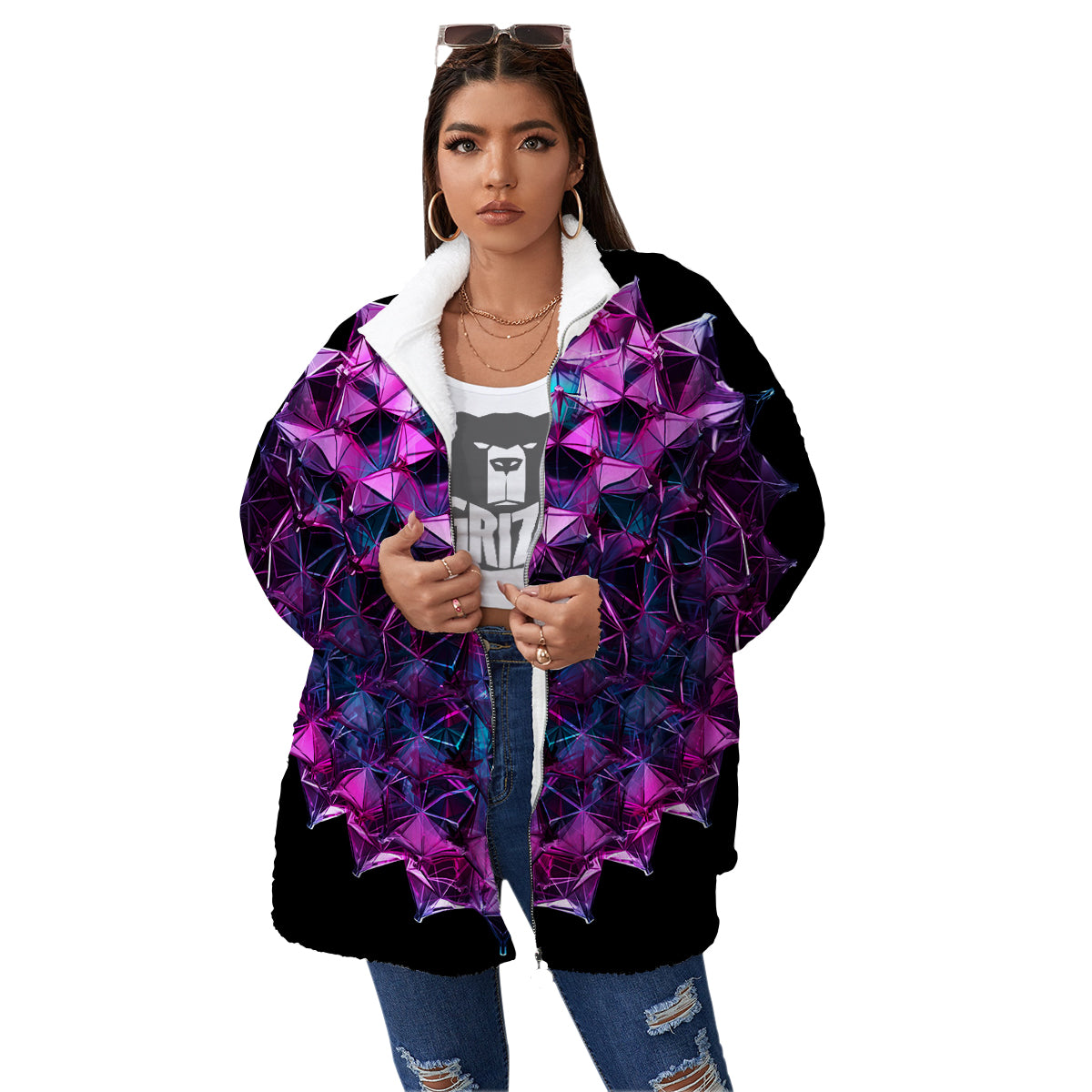 Alien Crystal Diamond Flower Print Women's Sherpa Jacket-grizzshop
