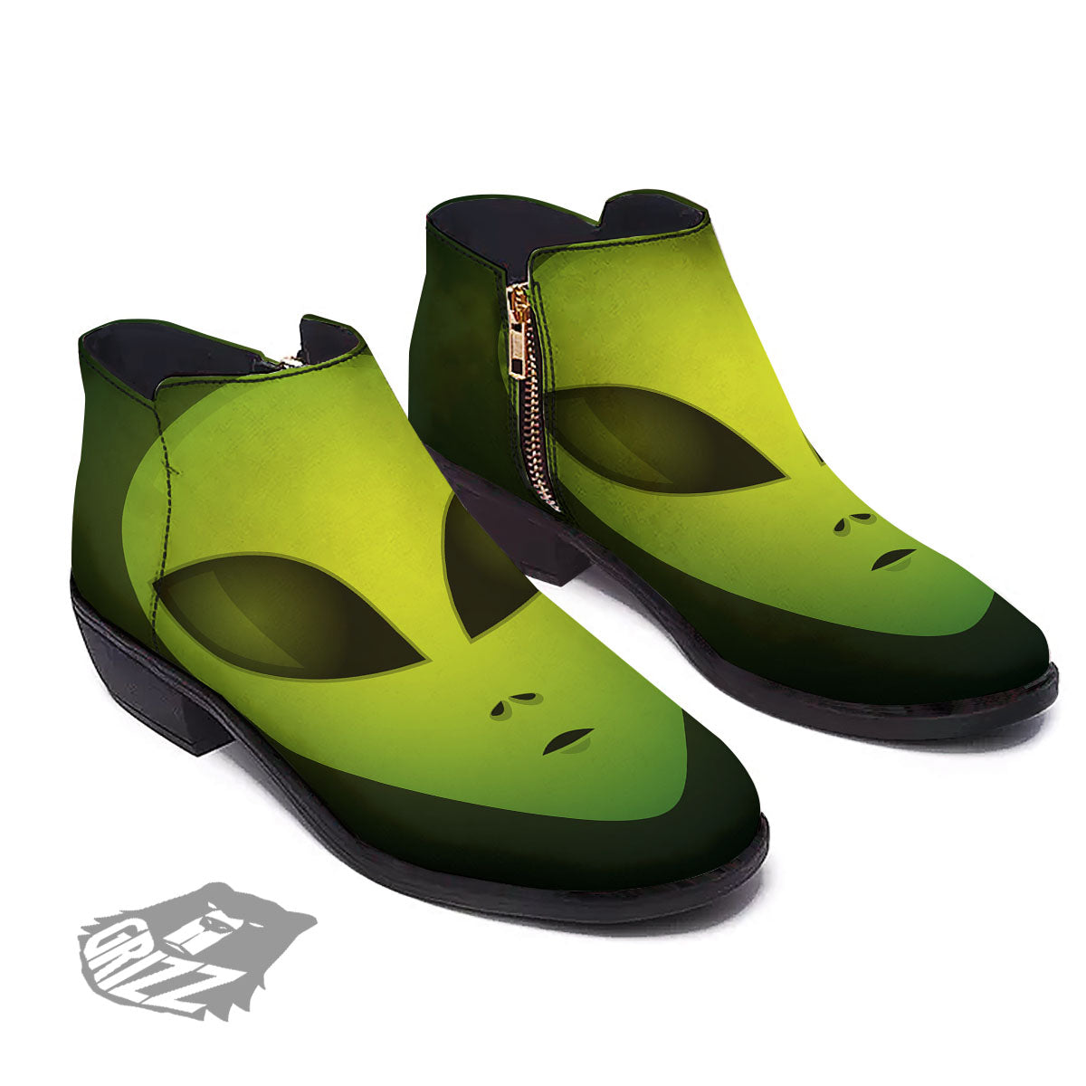 Alien Face Green Print Ankle Boots-grizzshop