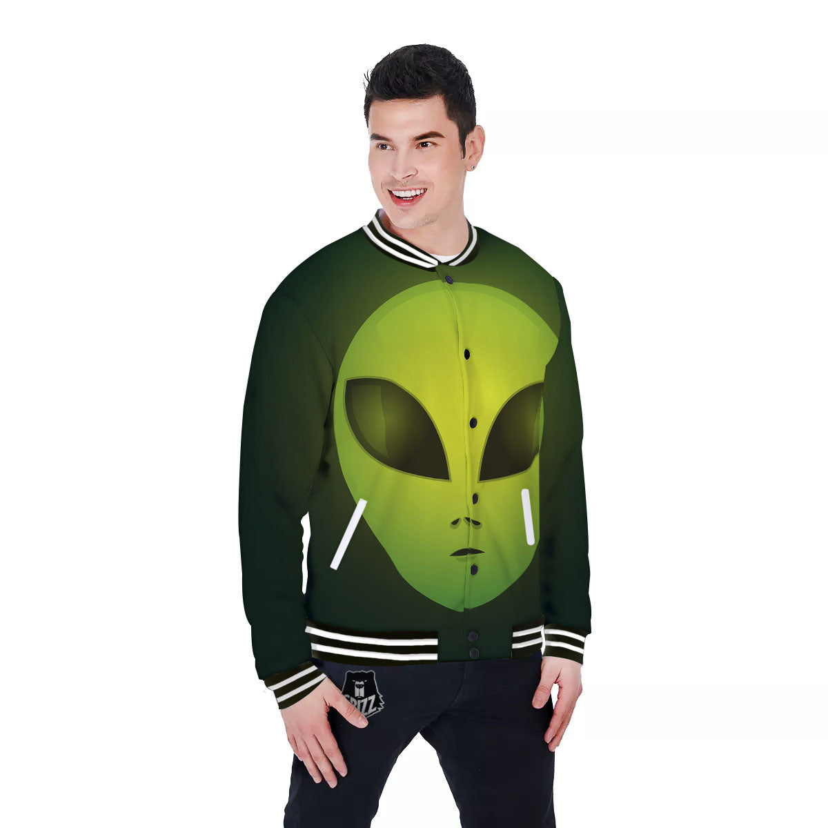 Alien Face Green Print Baseball Jacket-grizzshop