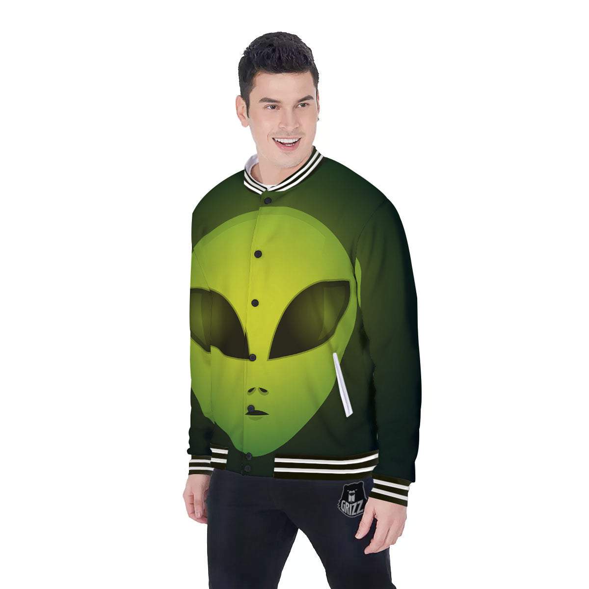 Alien Face Green Print Baseball Jacket-grizzshop