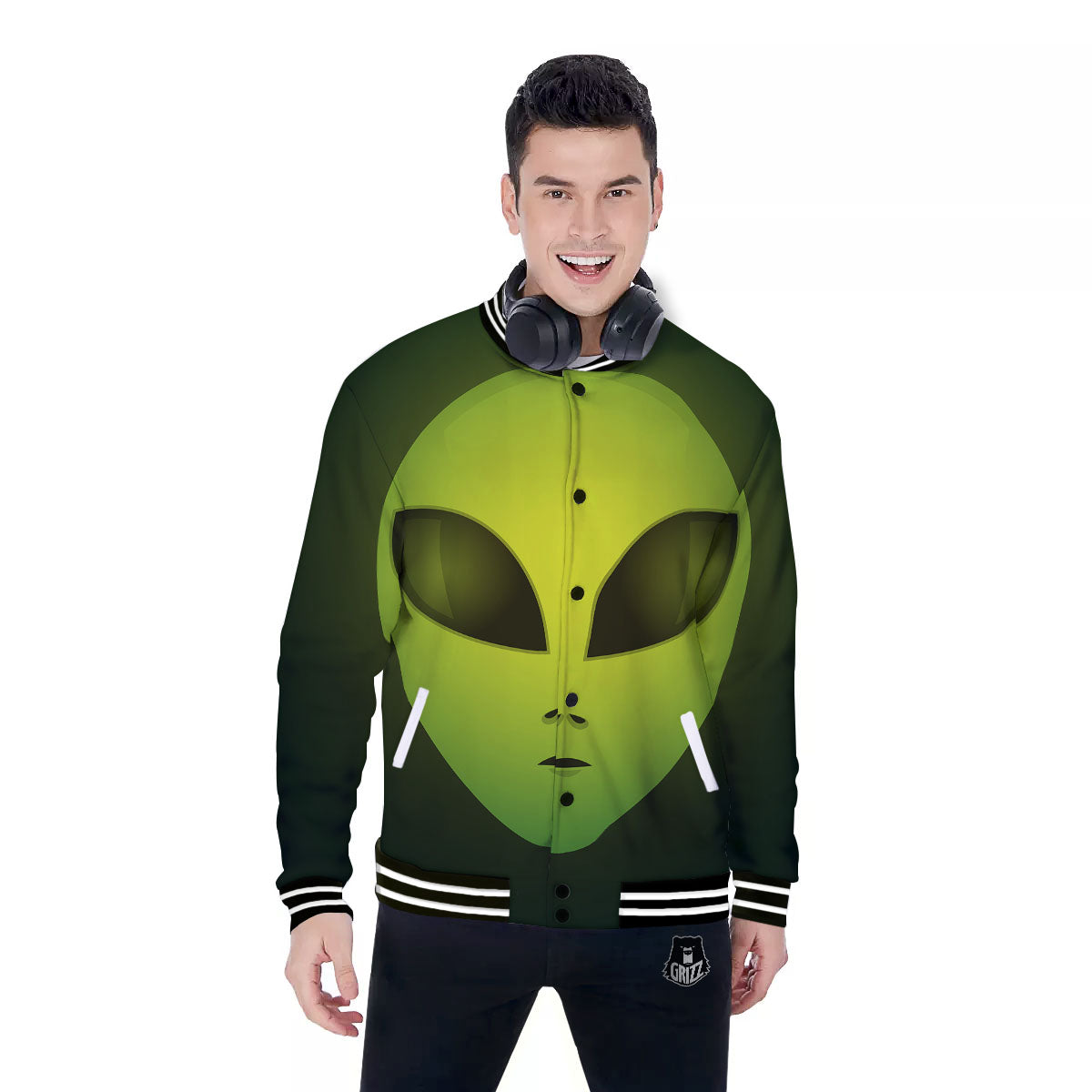Alien Face Green Print Baseball Jacket-grizzshop