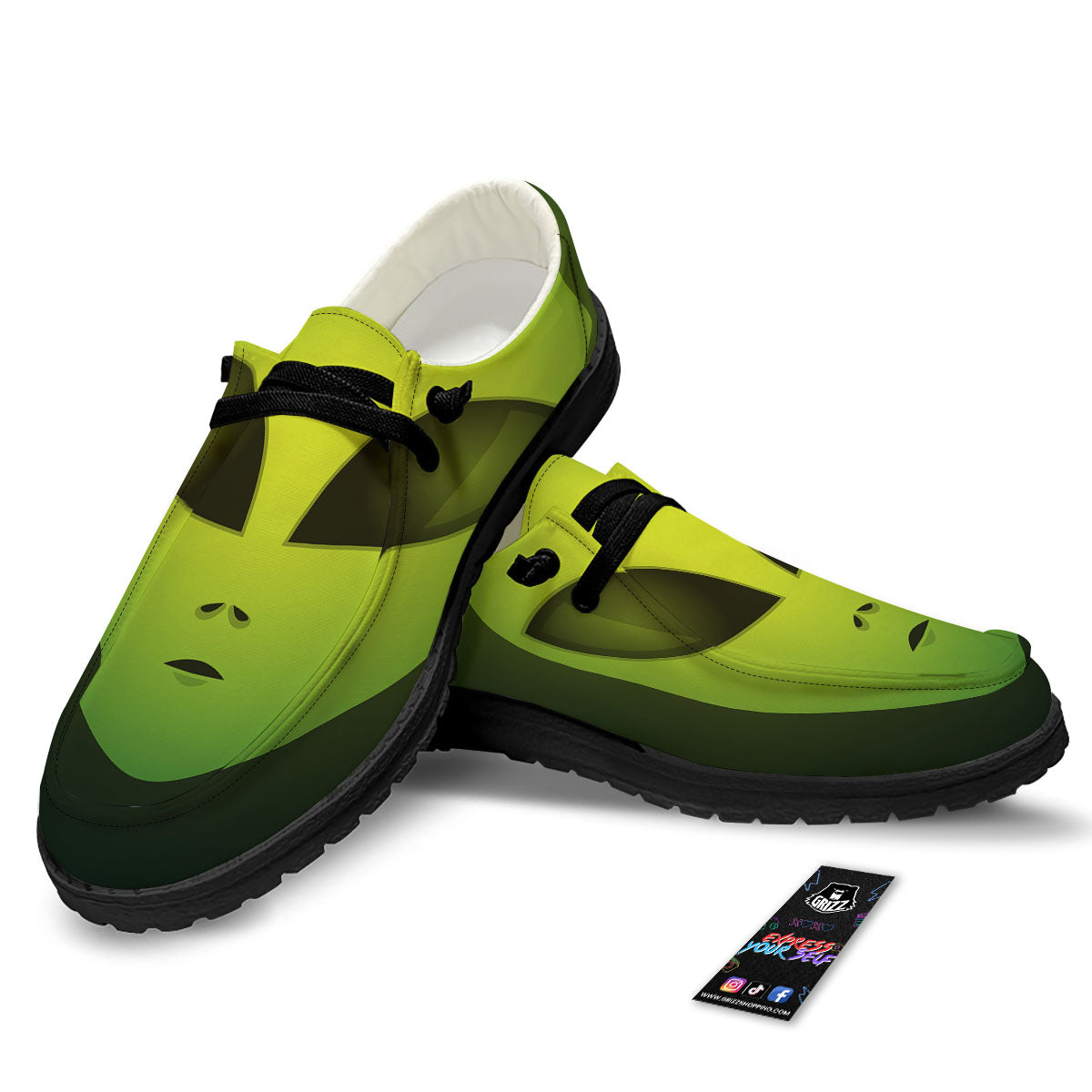 Alien Face Green Print Black Loafers-grizzshop