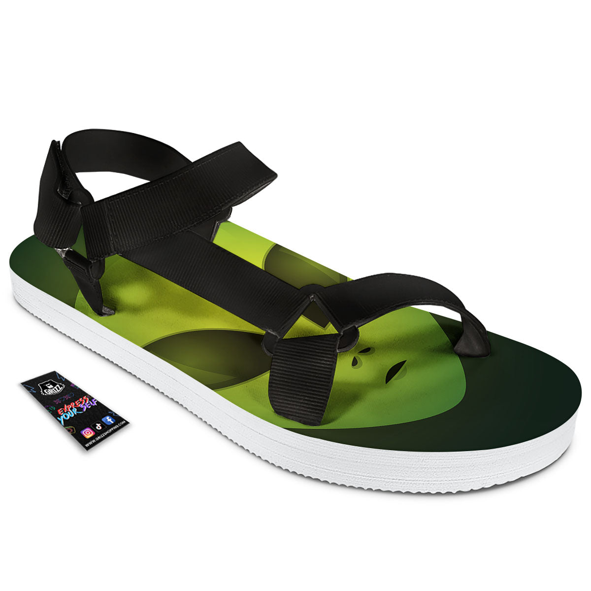 Alien Face Green Print Black Open Toe Sandals-grizzshop