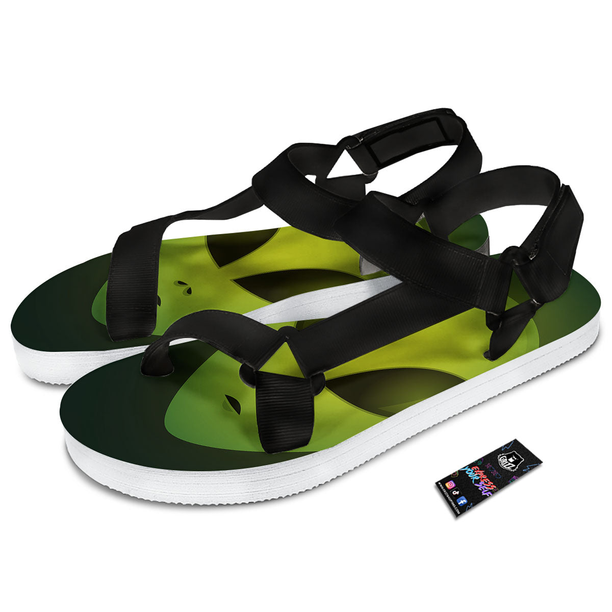Alien Face Green Print Black Open Toe Sandals-grizzshop