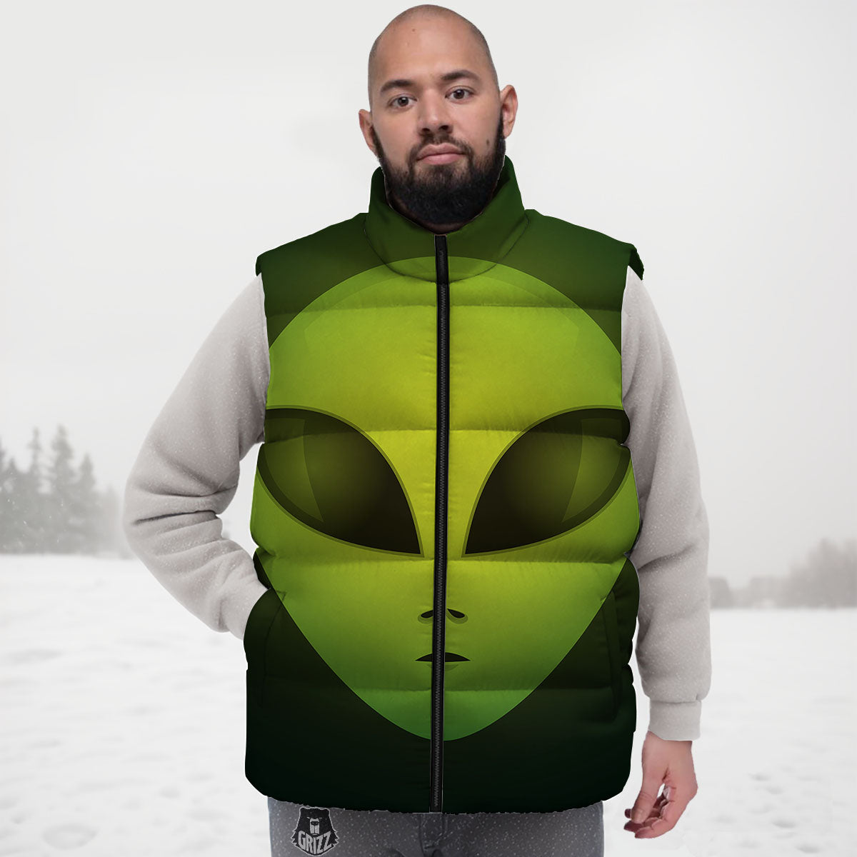 Alien Face Green Print Down Vest