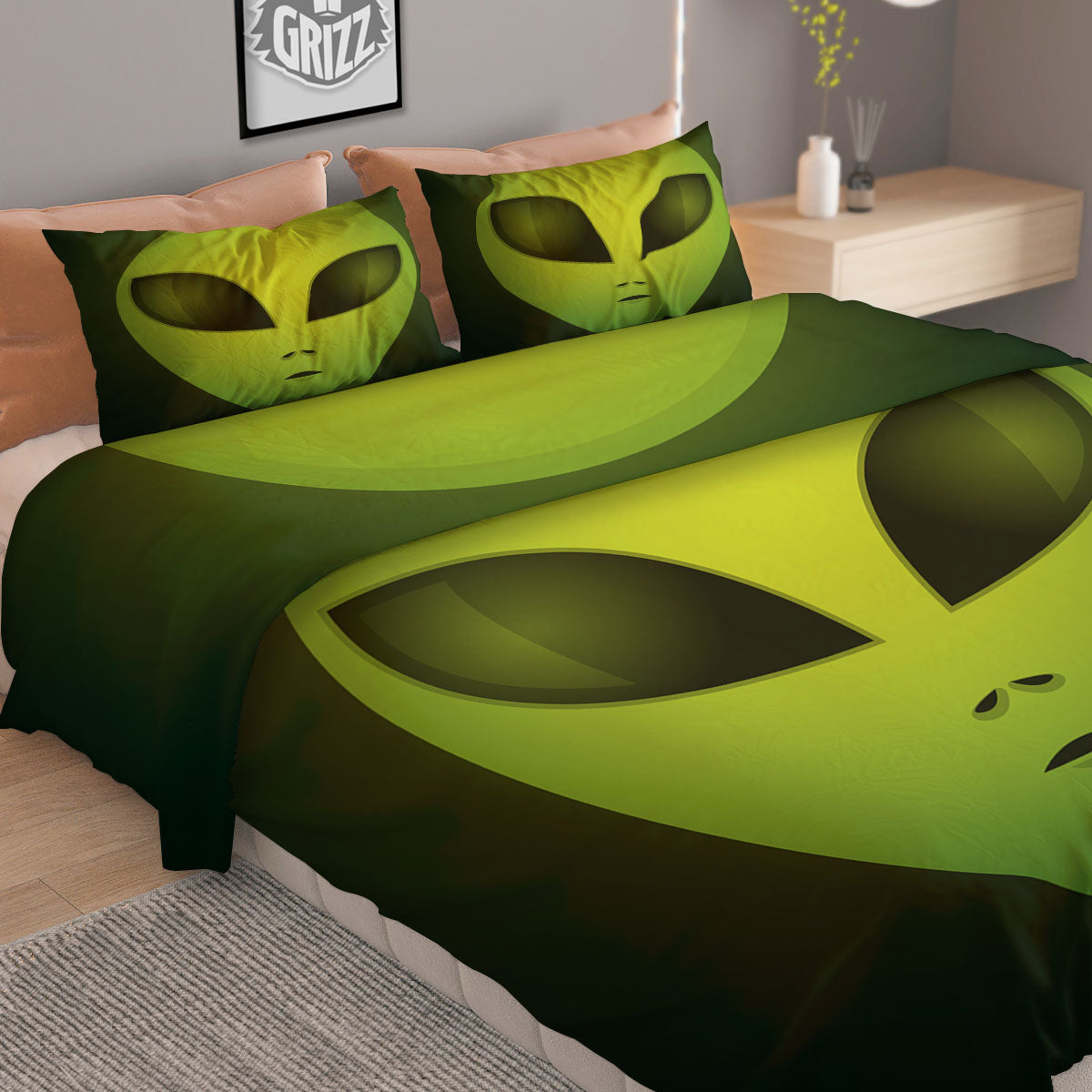 Alien Face Green Print Duvet Cover Bedding Set