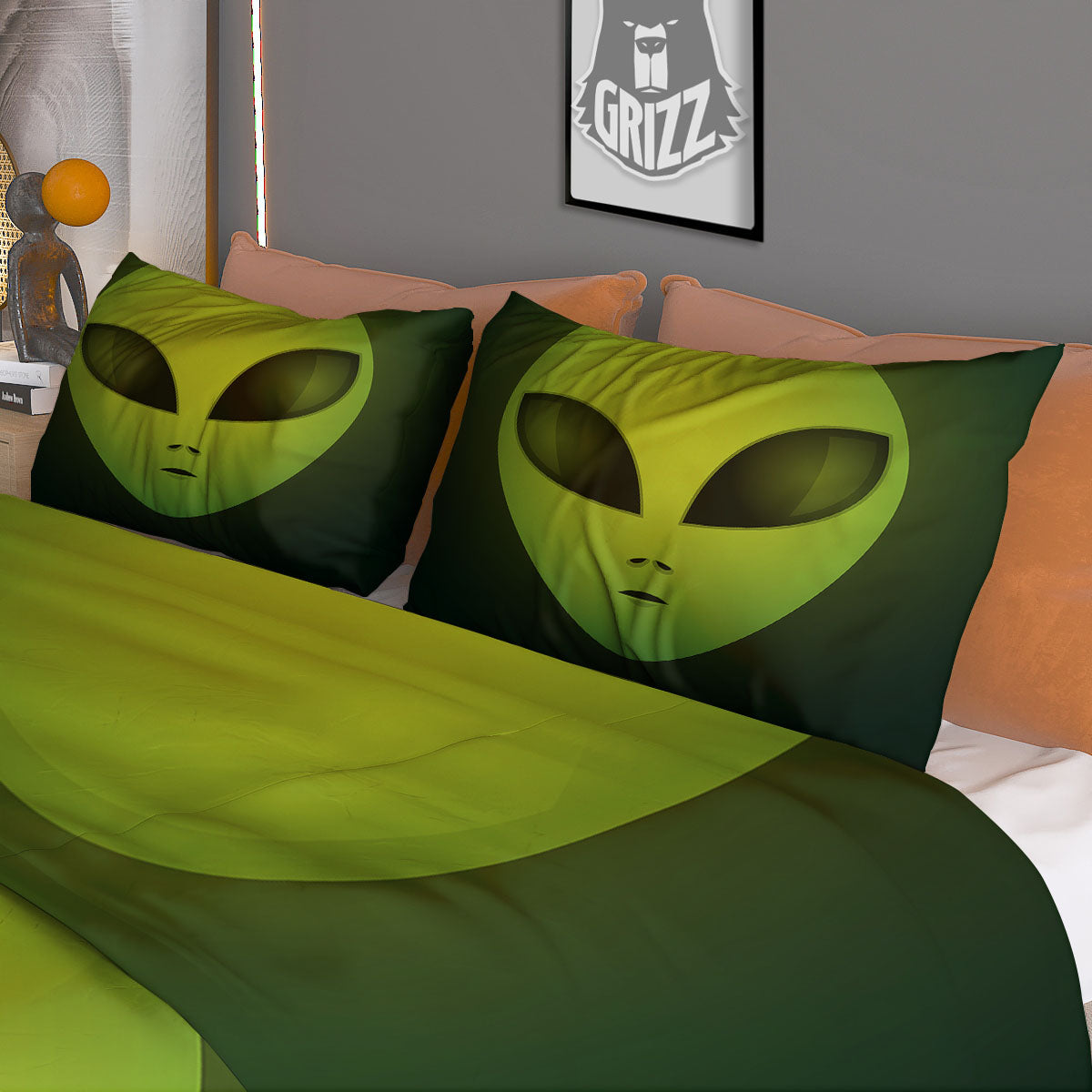Alien Face Green Print Duvet Cover Bedding Set