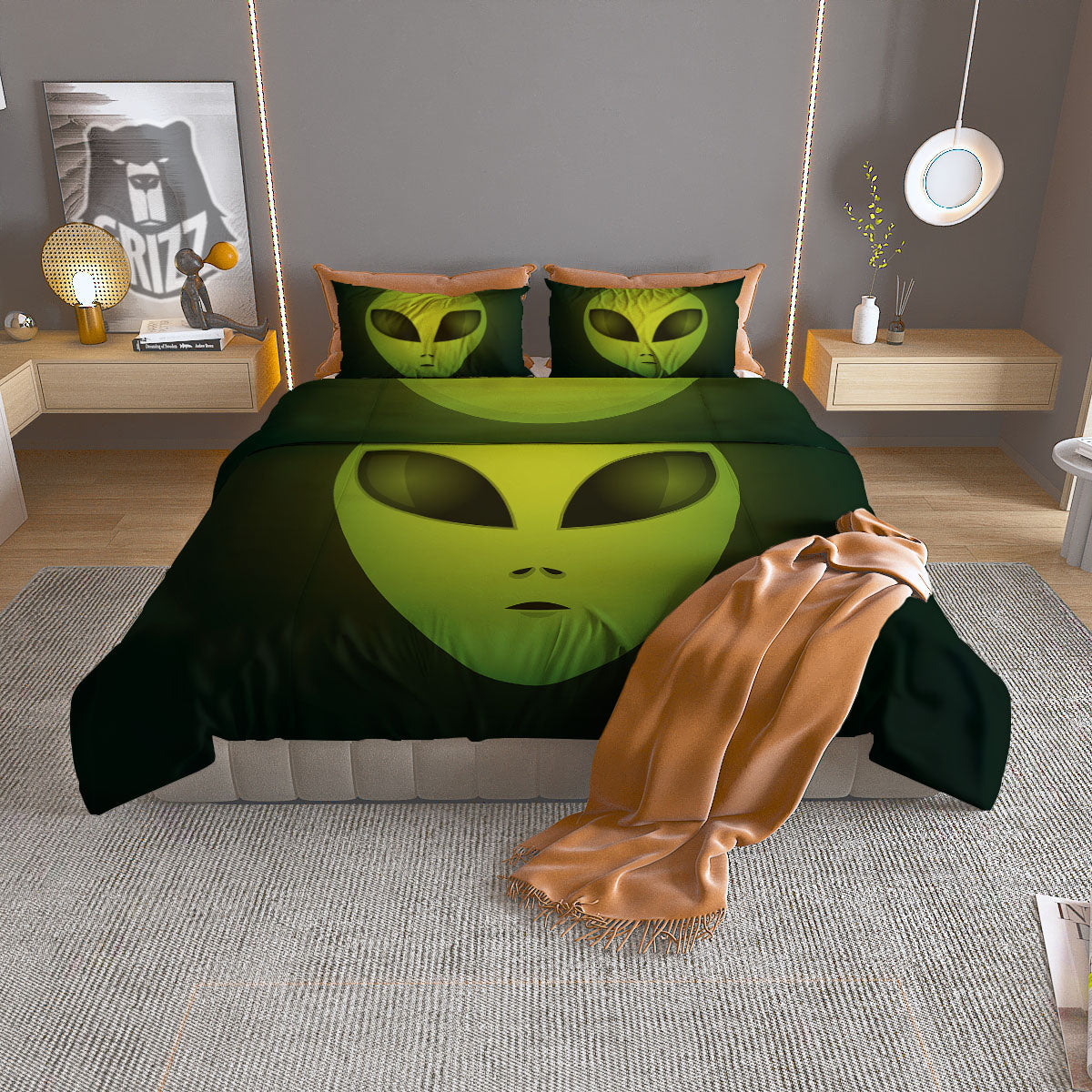 Alien Face Green Print Duvet Cover Bedding Set