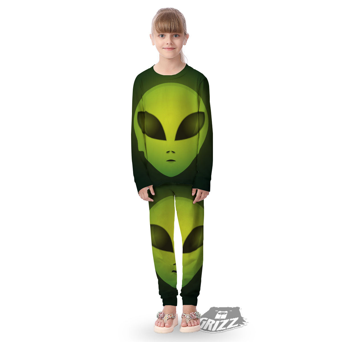 Alien Face Green Print Kid's Pajamas-grizzshop
