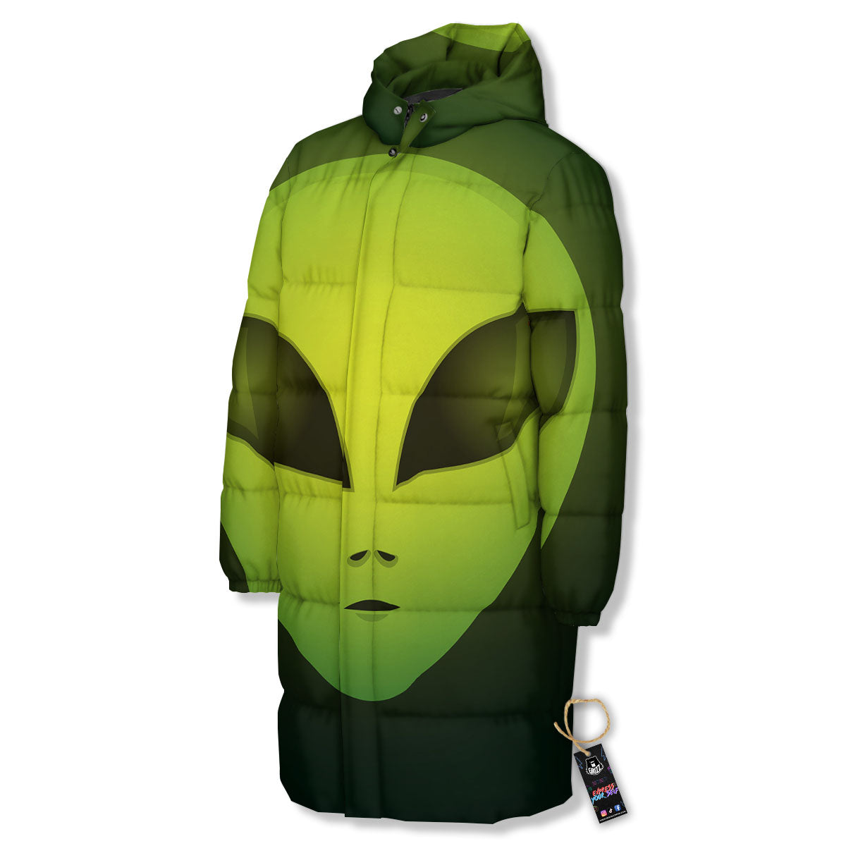 Alien Face Green Print Long Down Jacket-grizzshop