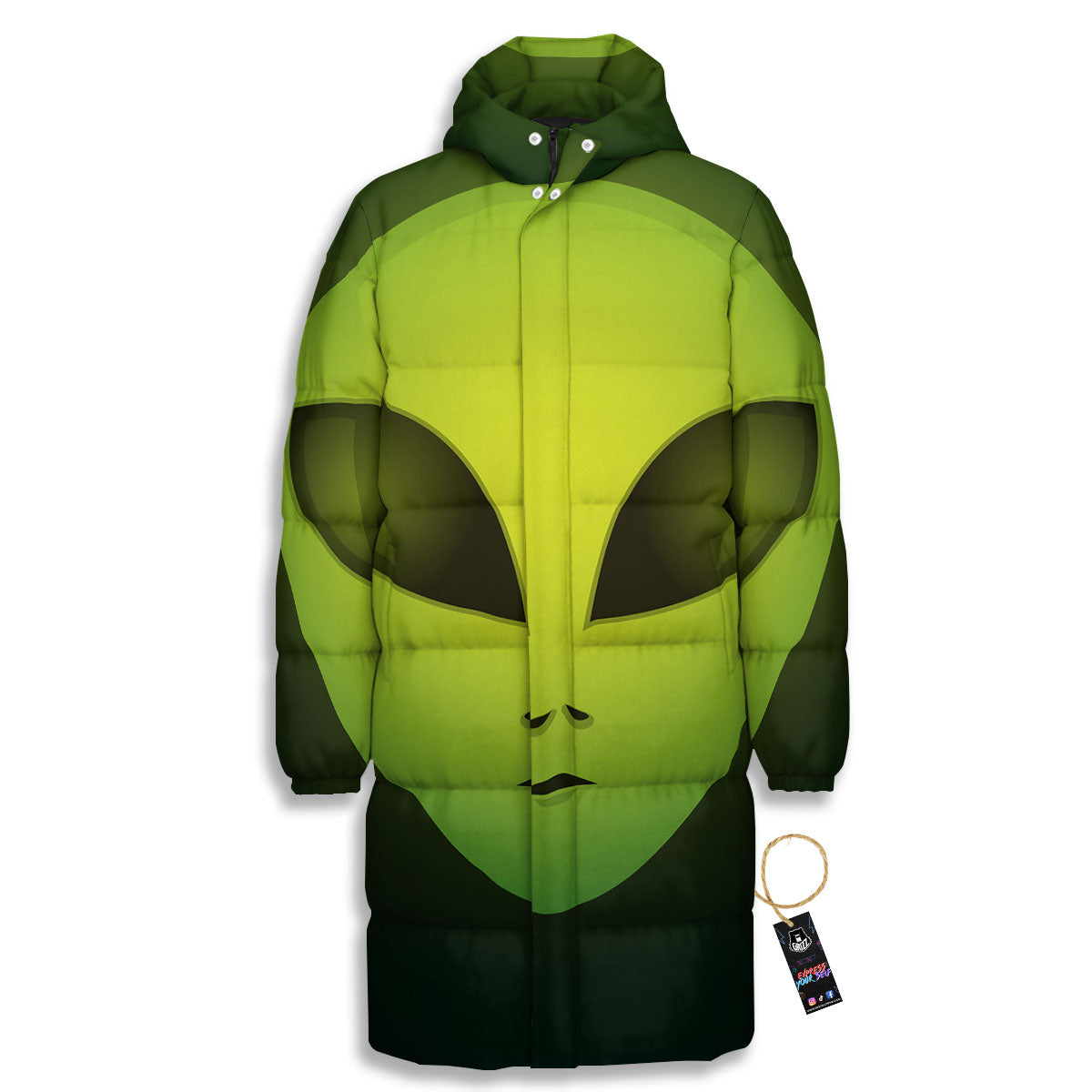 Alien Face Green Print Long Down Jacket-grizzshop