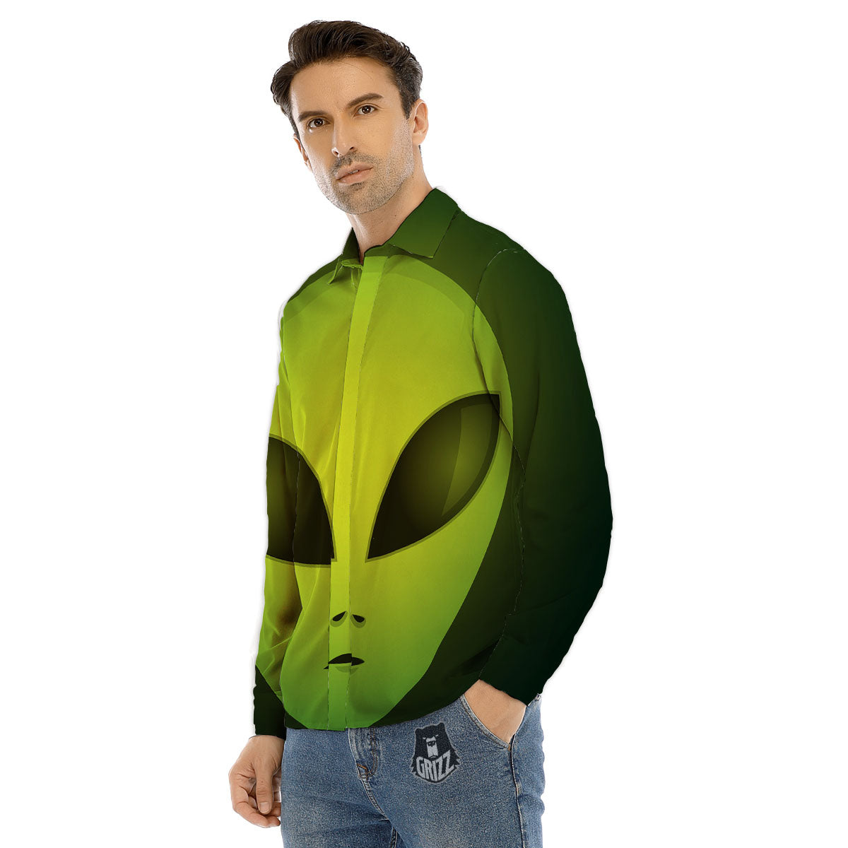 Alien Face Green Print Men's Dress Shirts-grizzshop