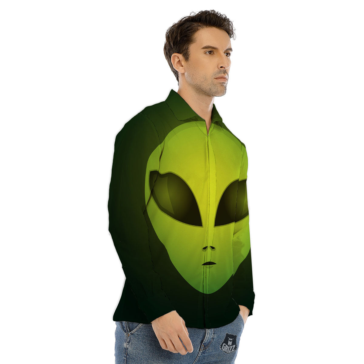 Alien Face Green Print Men's Dress Shirts-grizzshop