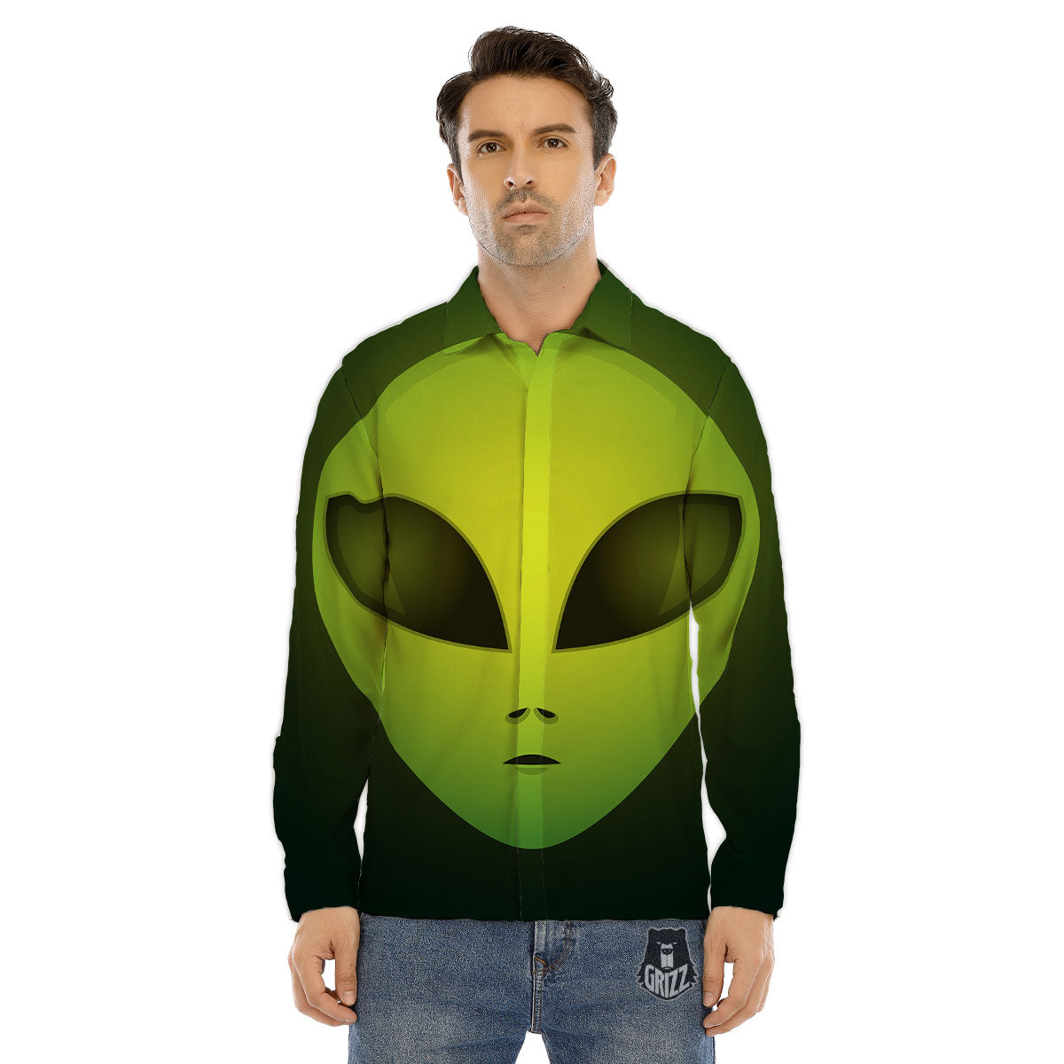 Alien Face Green Print Men's Dress Shirts-grizzshop