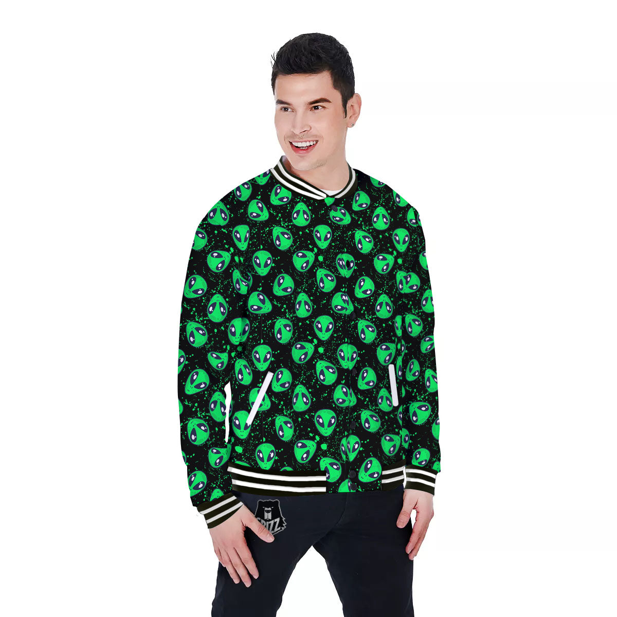 Alien Face Green Print Pattern Baseball Jacket-grizzshop