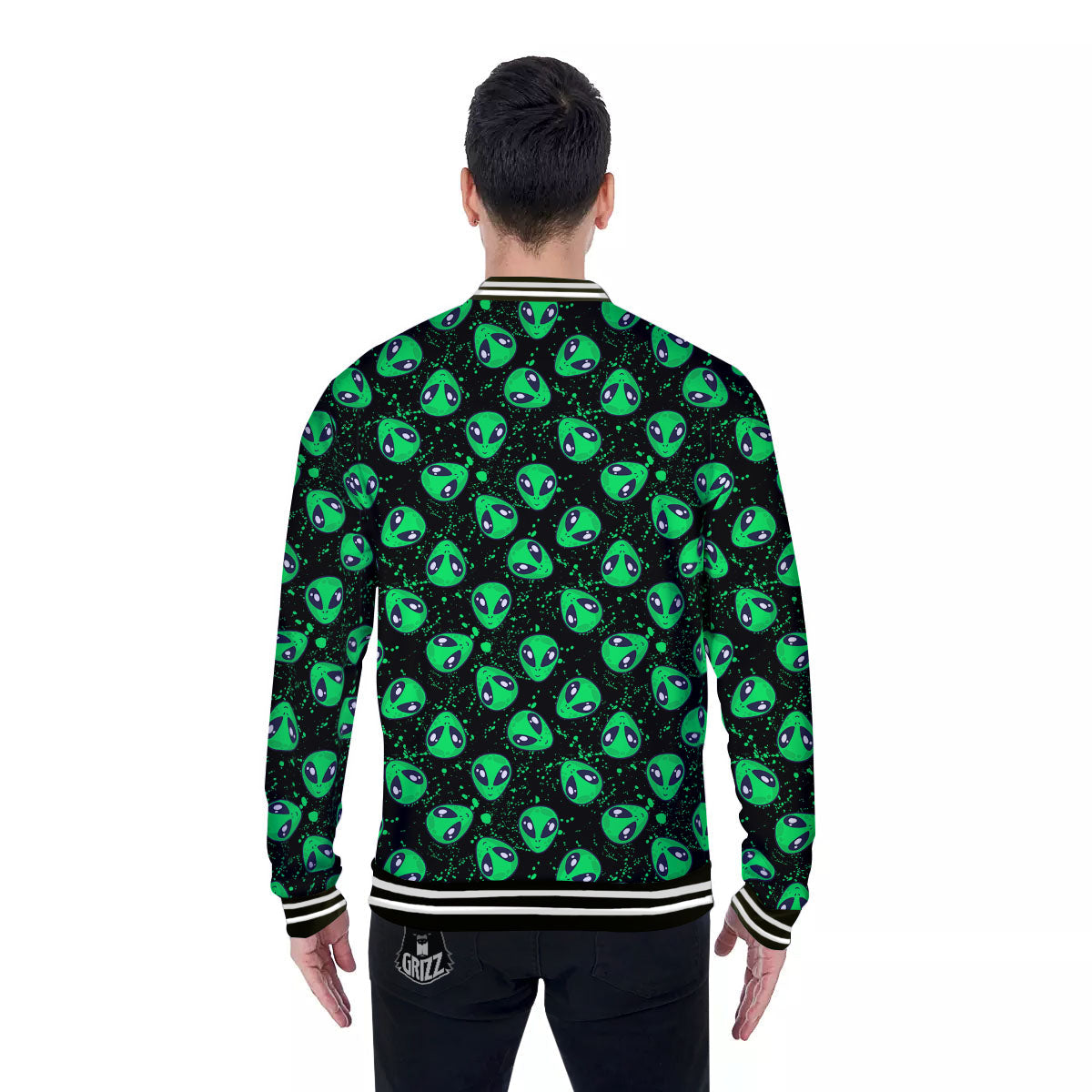 Alien Face Green Print Pattern Baseball Jacket-grizzshop
