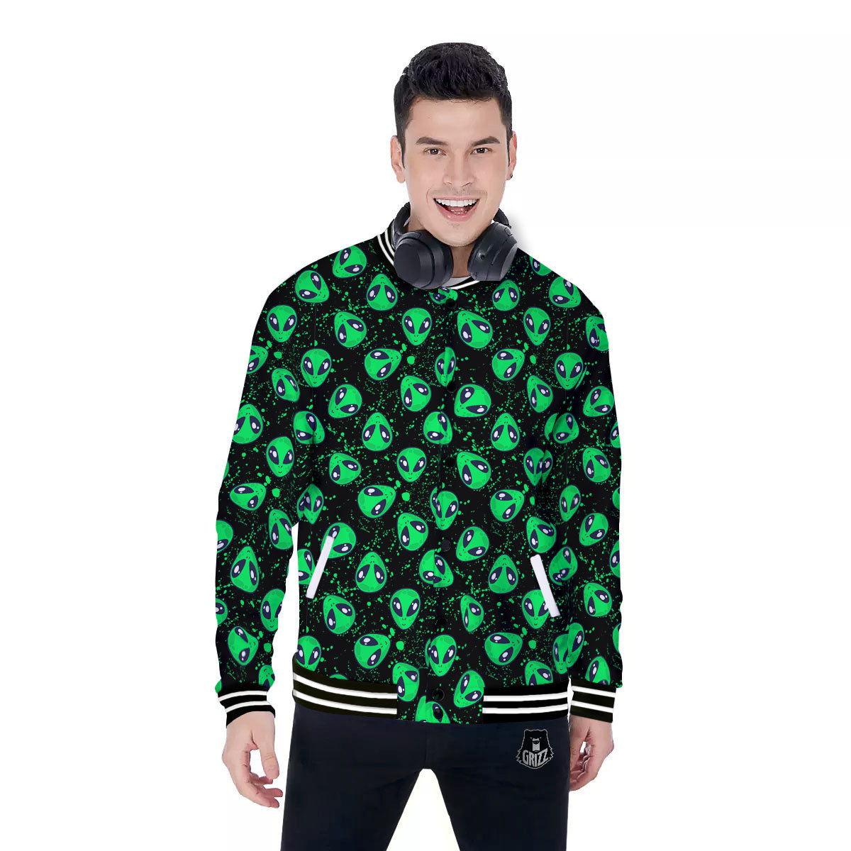 Alien Face Green Print Pattern Baseball Jacket-grizzshop