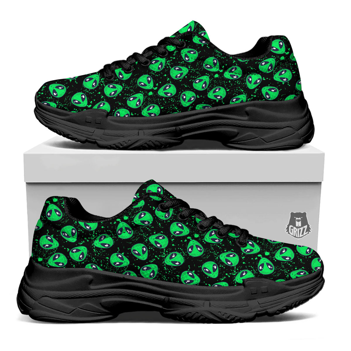Alien Face Green Print Pattern Black Chunky Shoes-grizzshop