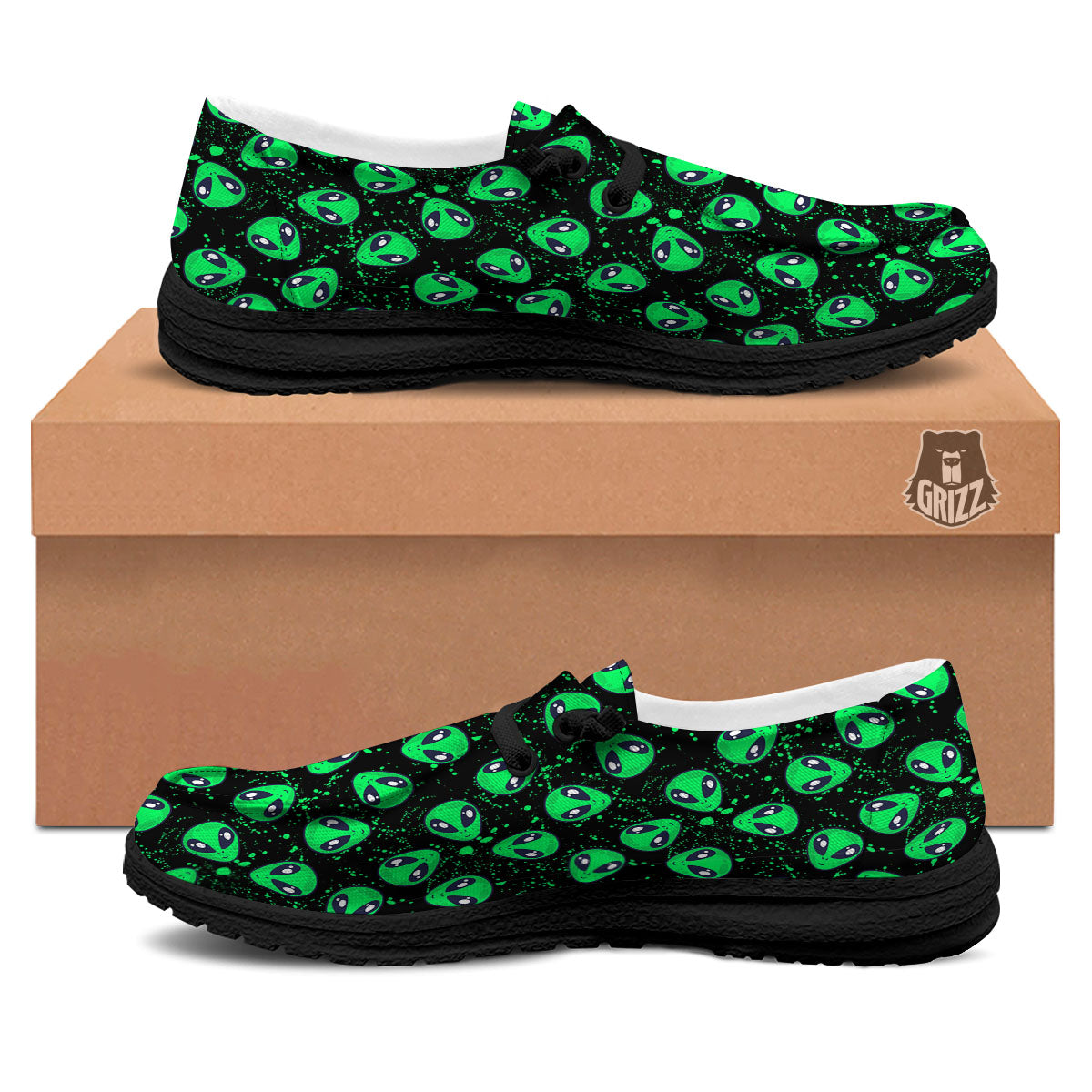 Alien Face Green Print Pattern Black Loafers-grizzshop