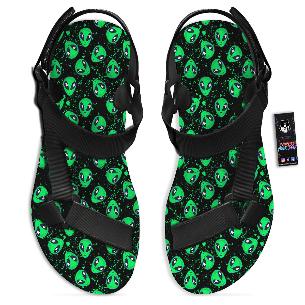 Alien Face Green Print Pattern Black Open Toe Sandals-grizzshop