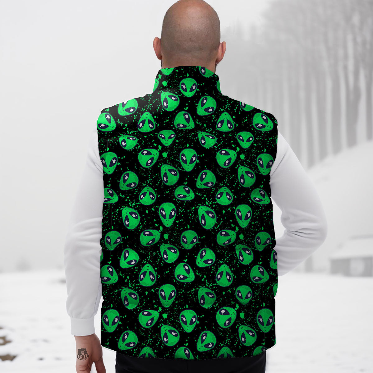 Alien Face Green Print Pattern Down Vest