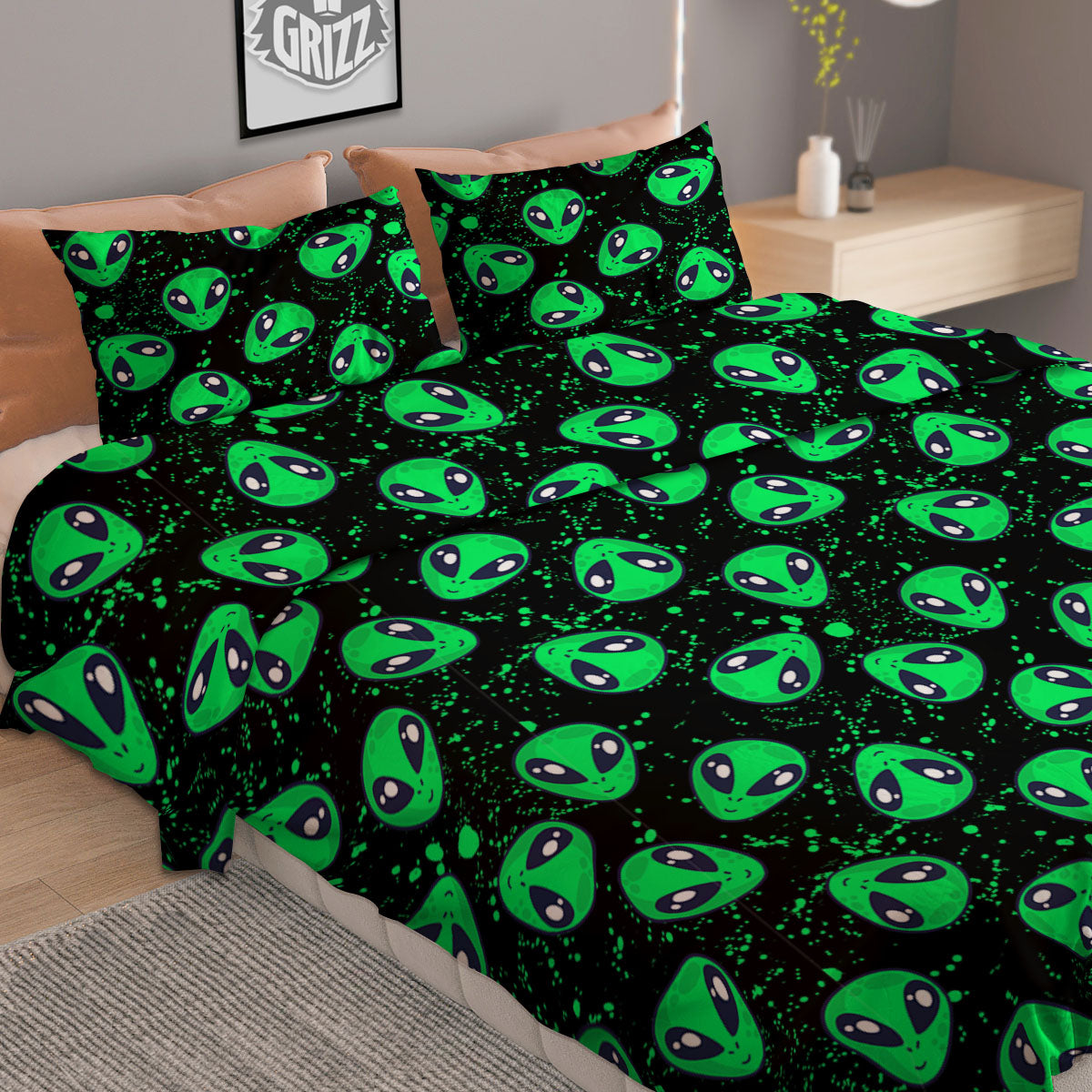 Alien Face Green Print Pattern Duvet Cover Bedding Set