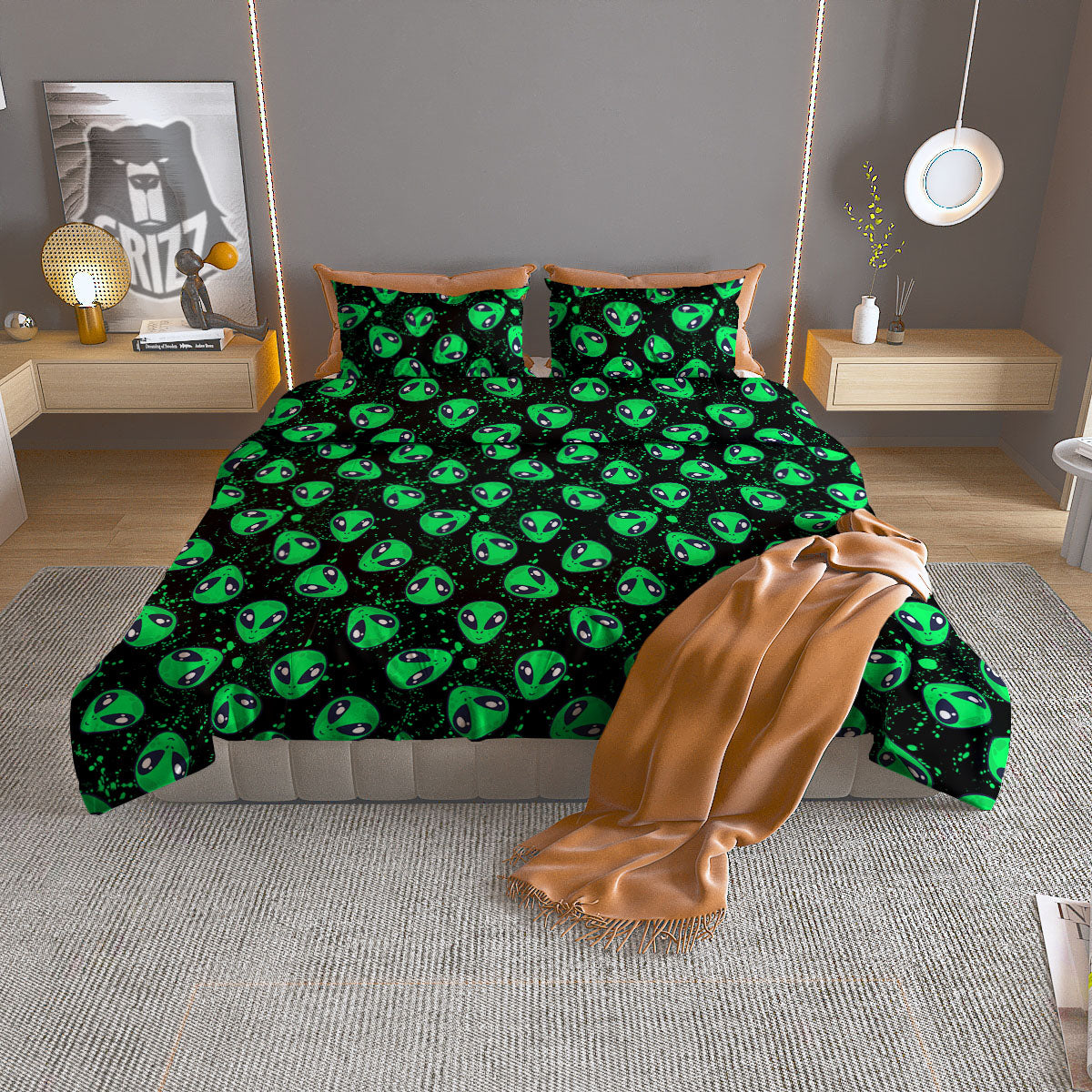 Alien Face Green Print Pattern Duvet Cover Bedding Set
