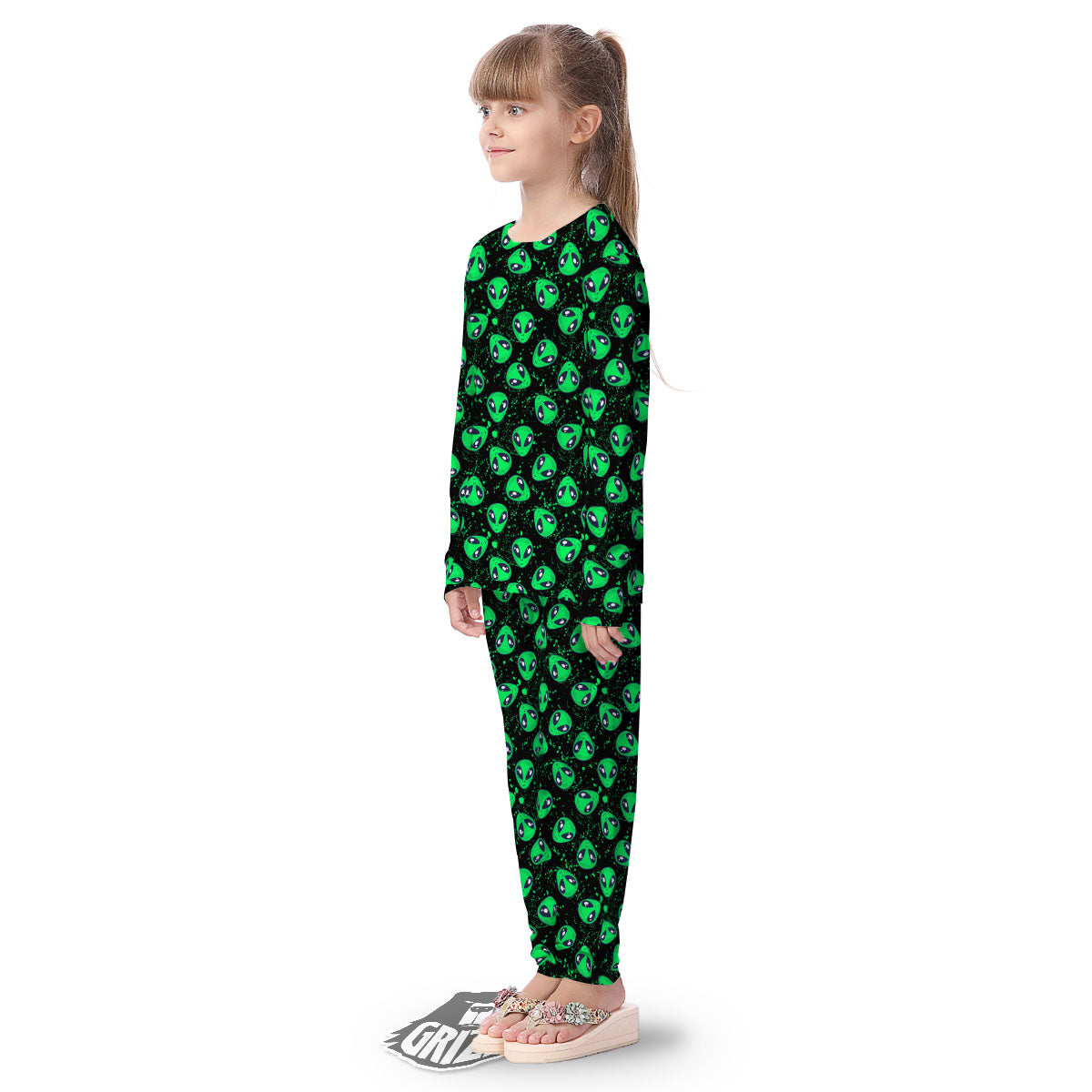 Alien Face Green Print Pattern Kid's Pajamas-grizzshop