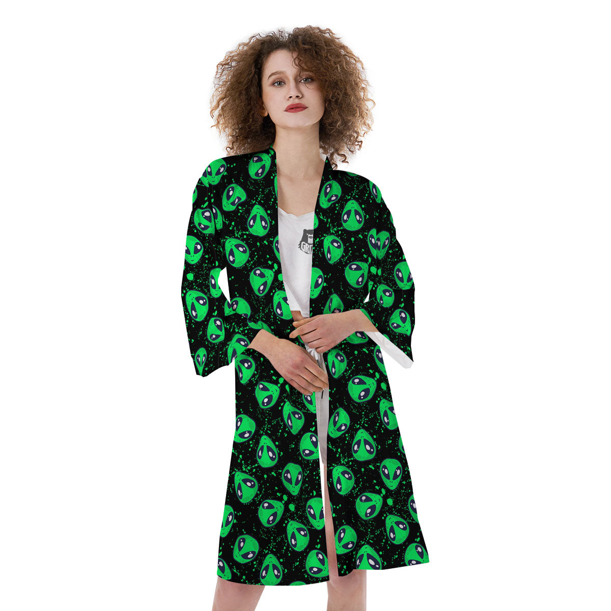 Alien Face Green Print Pattern Kimono-grizzshop