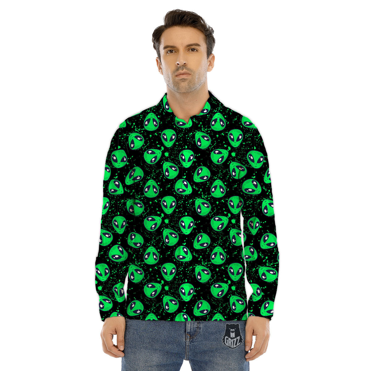 Alien Face Green Print Pattern Men's Dress Shirts-grizzshop