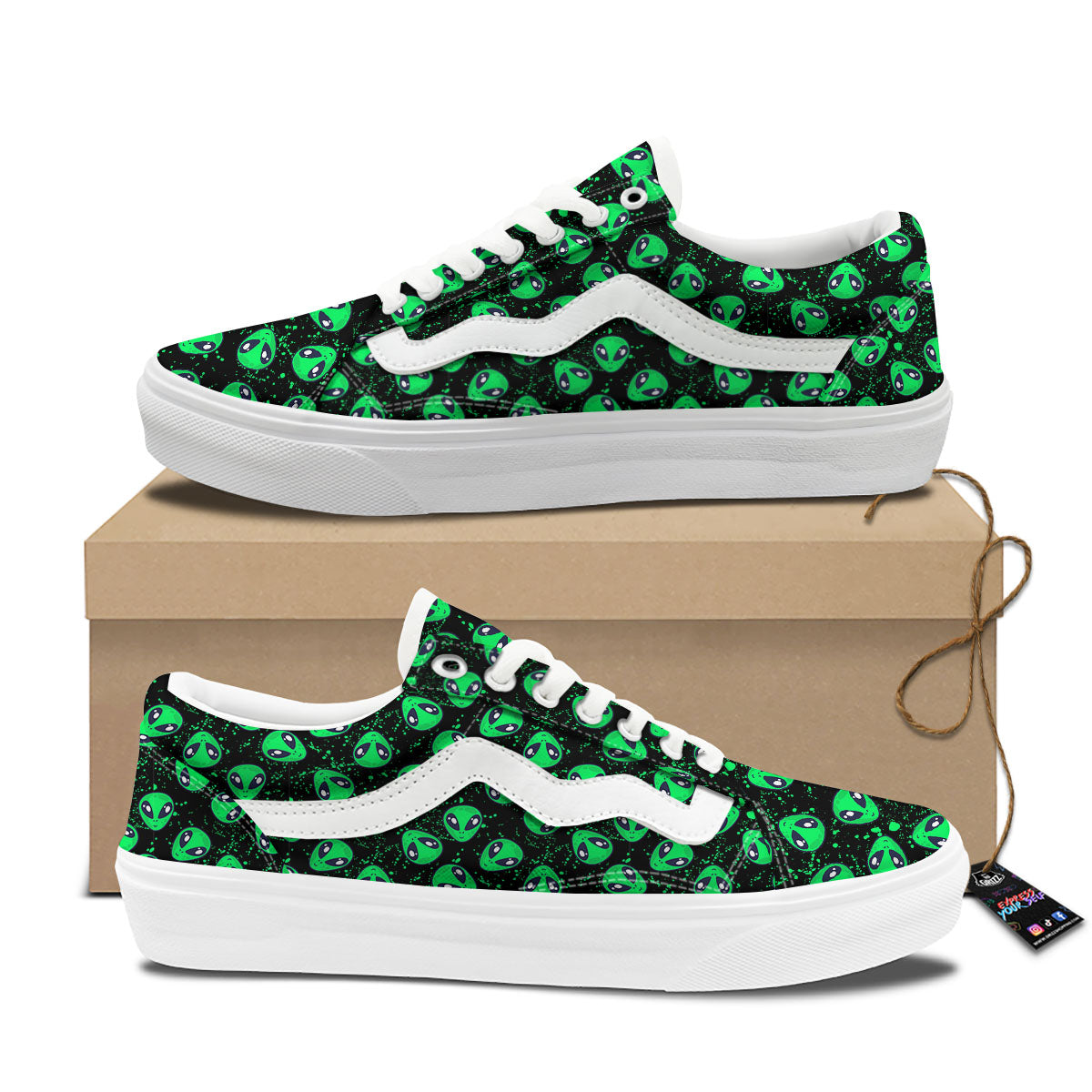 Alien Face Green Print Pattern Skate Shoes-grizzshop