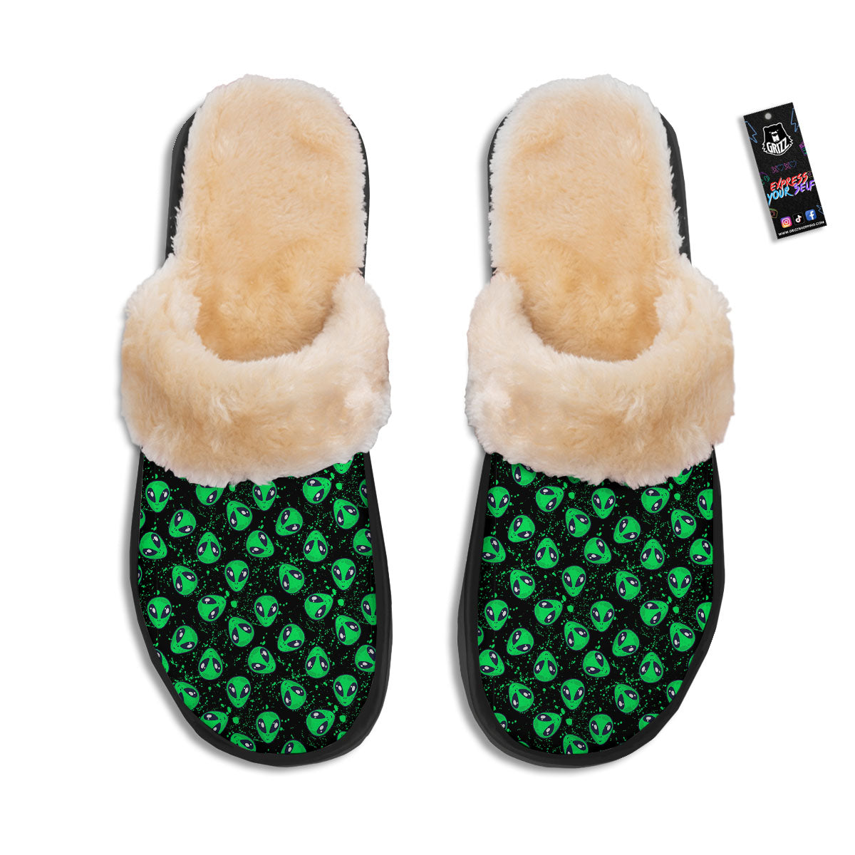 Alien Face Green Print Pattern Slippers-grizzshop