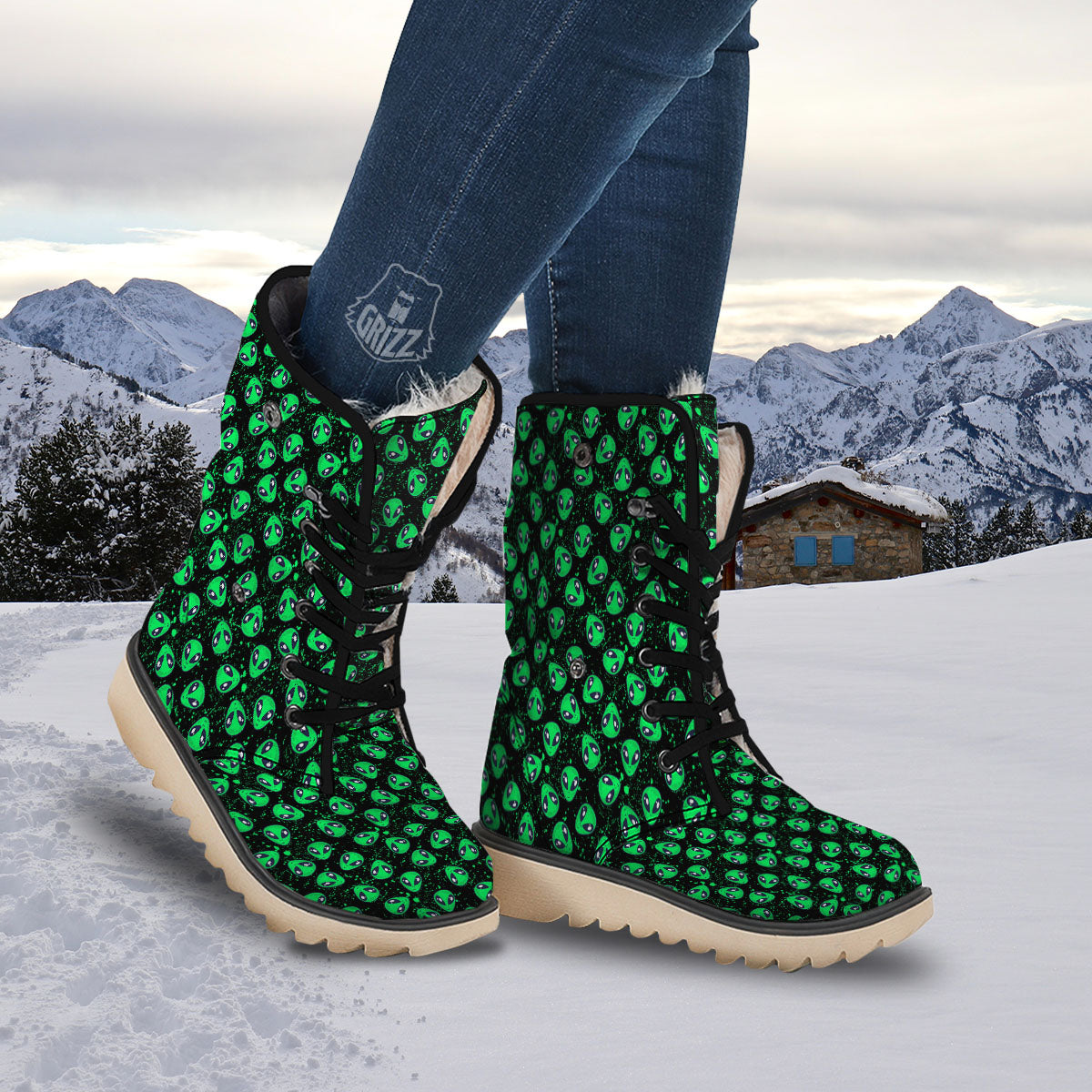 Alien Face Green Print Pattern Snow Boots-grizzshop