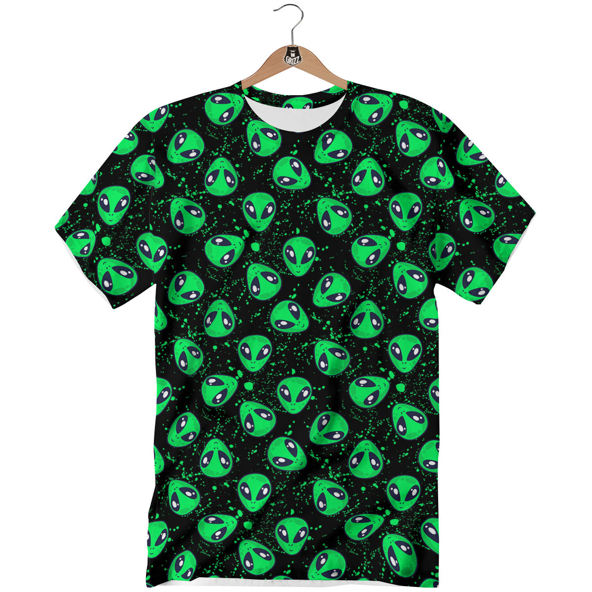 Alien Face Green Print Pattern T-Shirt-grizzshop