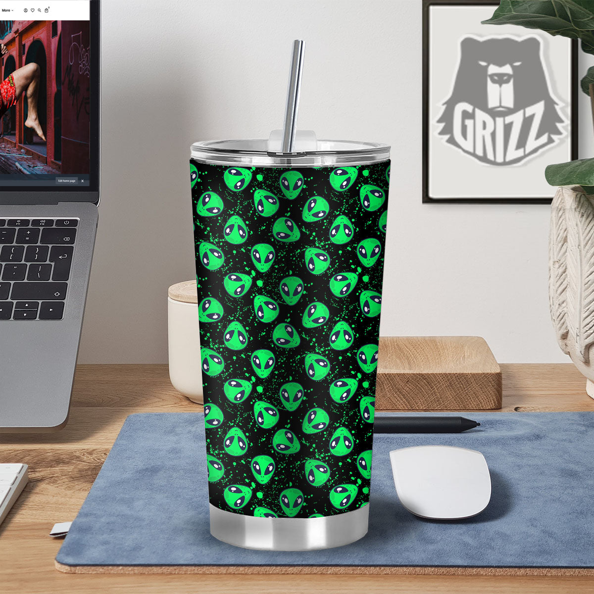 Alien Face Green Print Pattern Tumbler-grizzshop