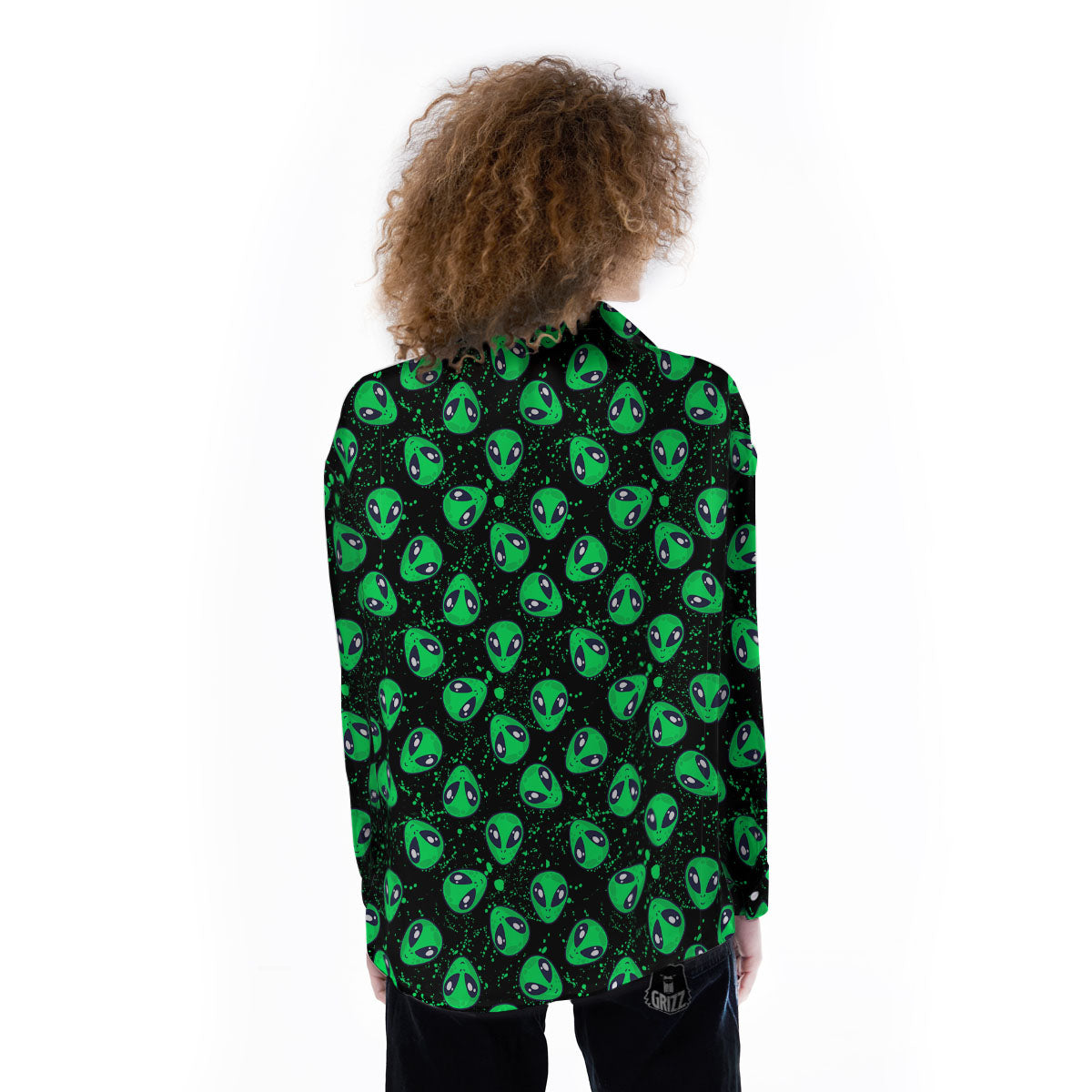 Alien Face Green Print Pattern Women's Long Sleeve Shirts-grizzshop
