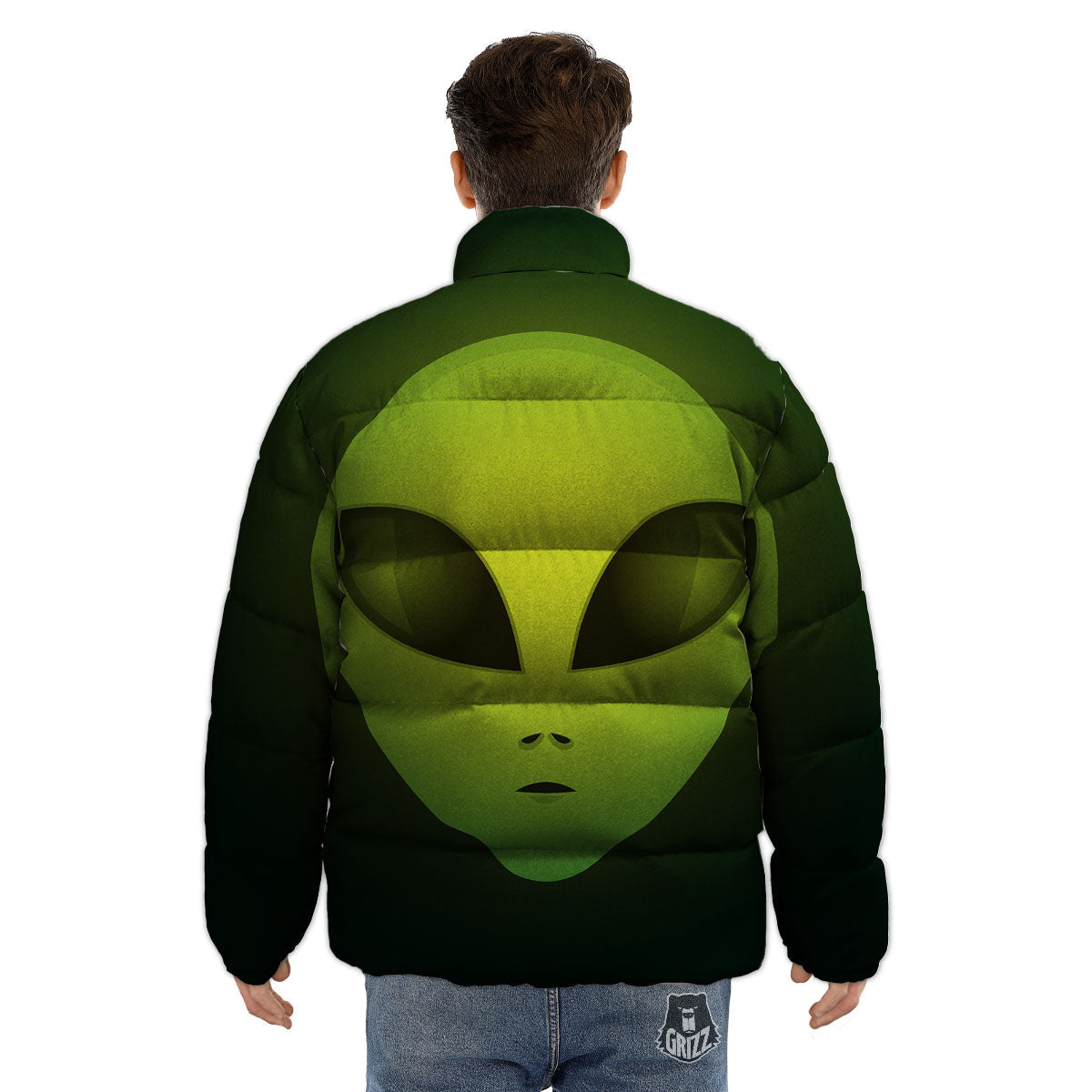 Alien Face Green Print Puffer Jacket-grizzshop