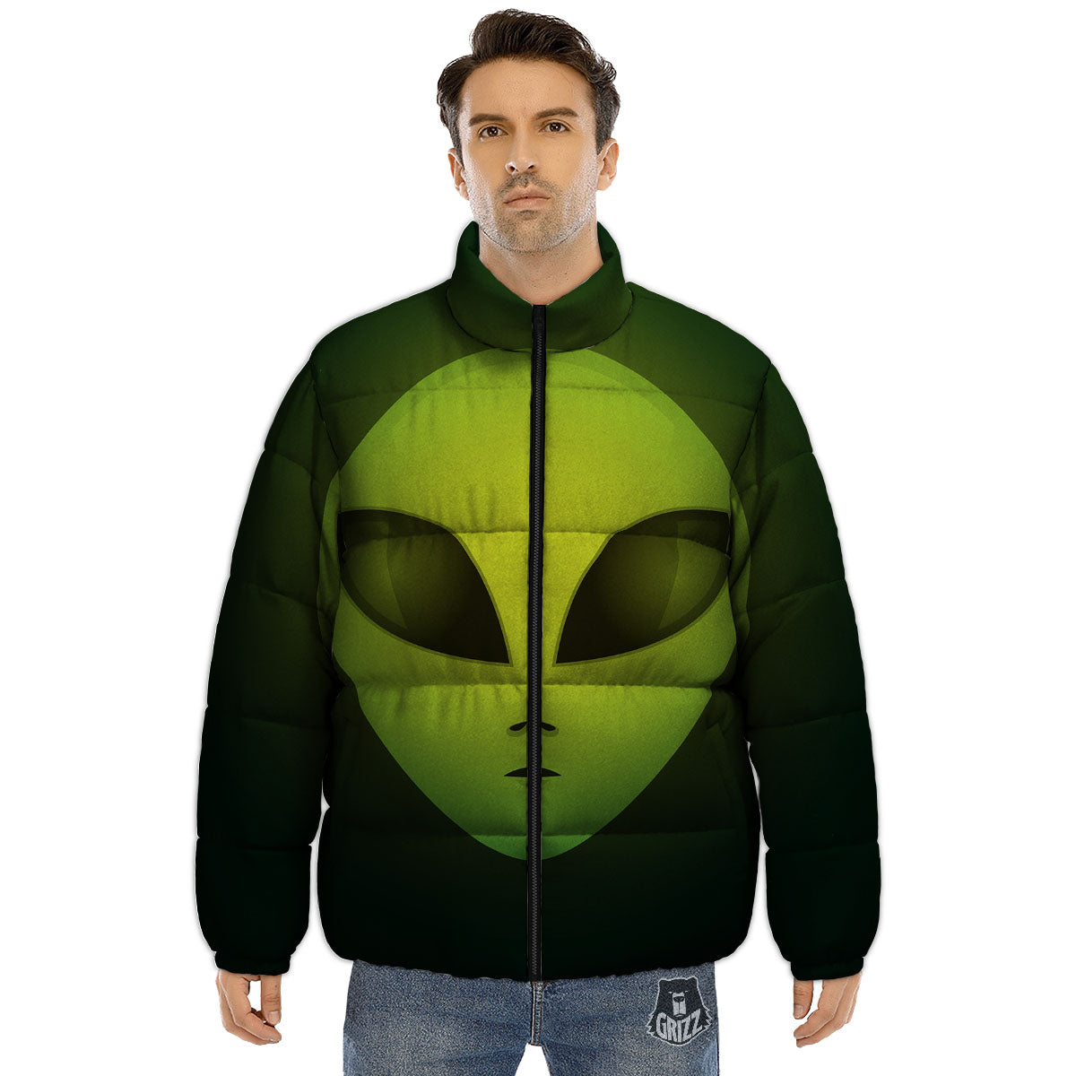Alien Face Green Print Puffer Jacket-grizzshop