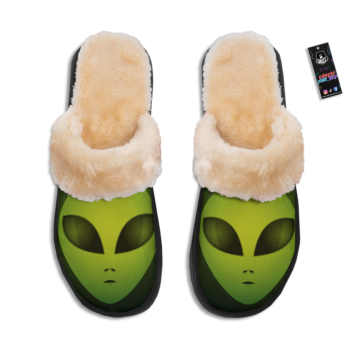 Alien Face Green Print Slippers-grizzshop
